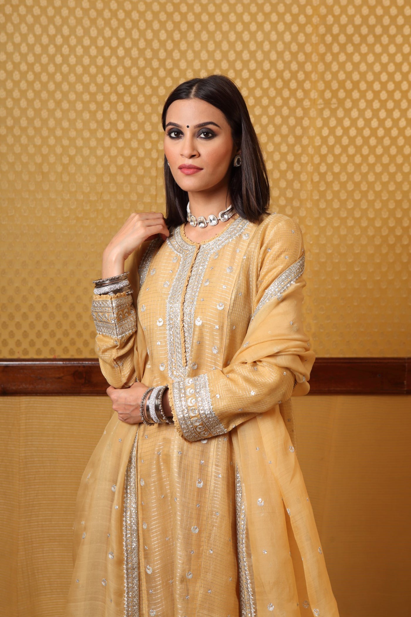Handembroidered  Pastel yellow Pure Katan Silk Kurta Pants Set