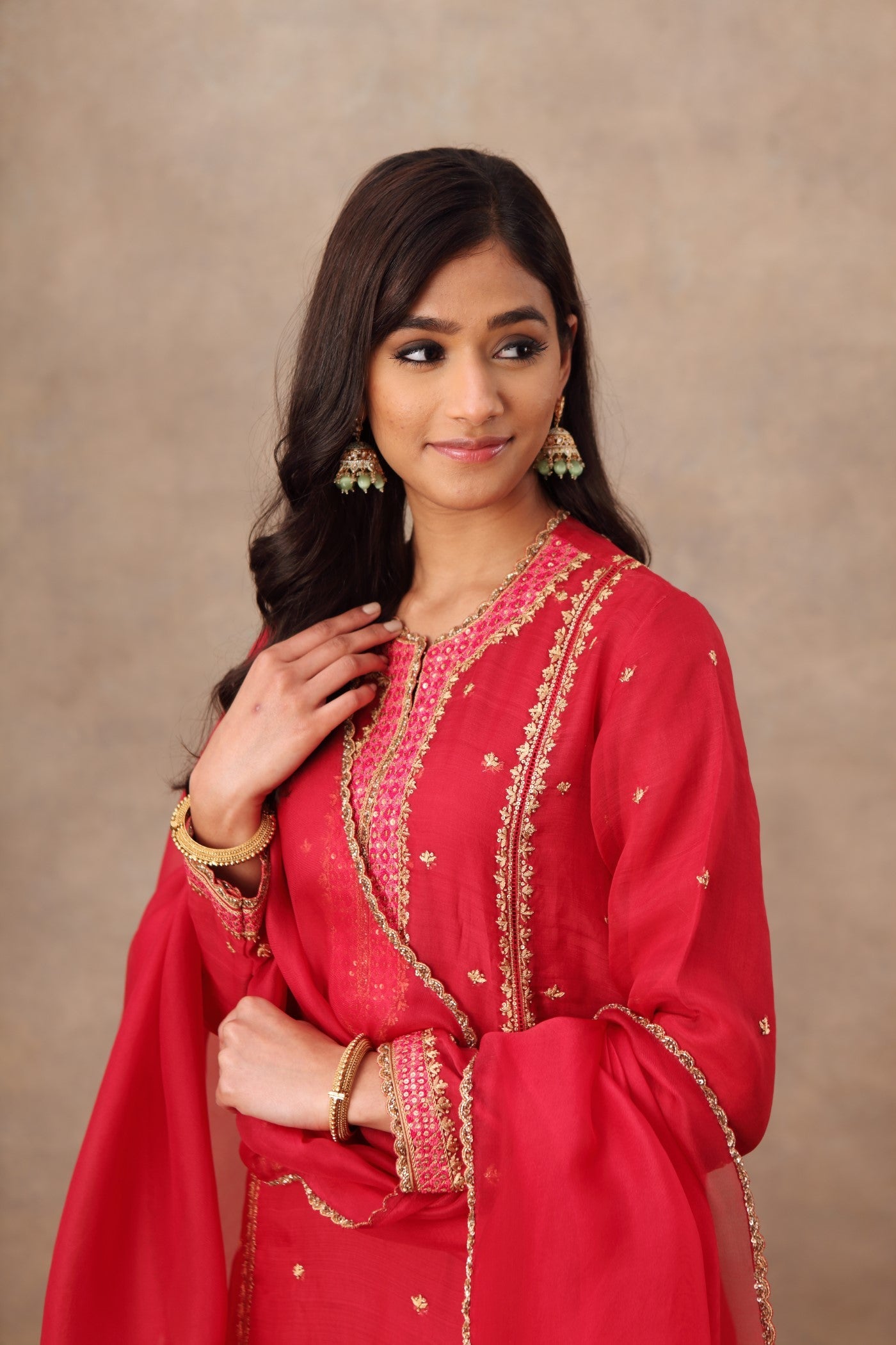 Hand Embroidered Barberry Pink Pure Katan Silk Kurta Sharara Set
