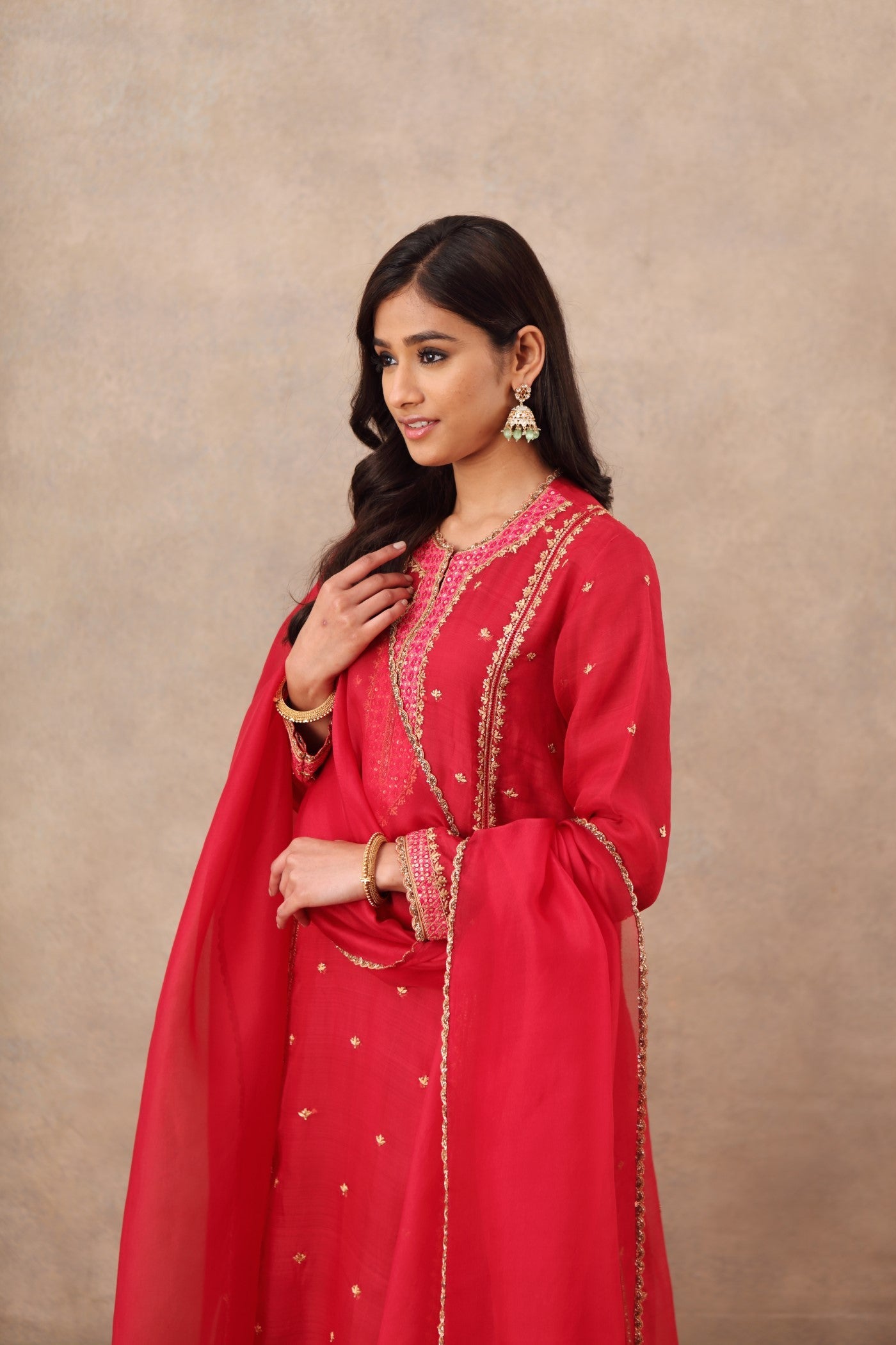 Hand Embroidered Barberry Pink Pure Katan Silk Kurta Sharara Set