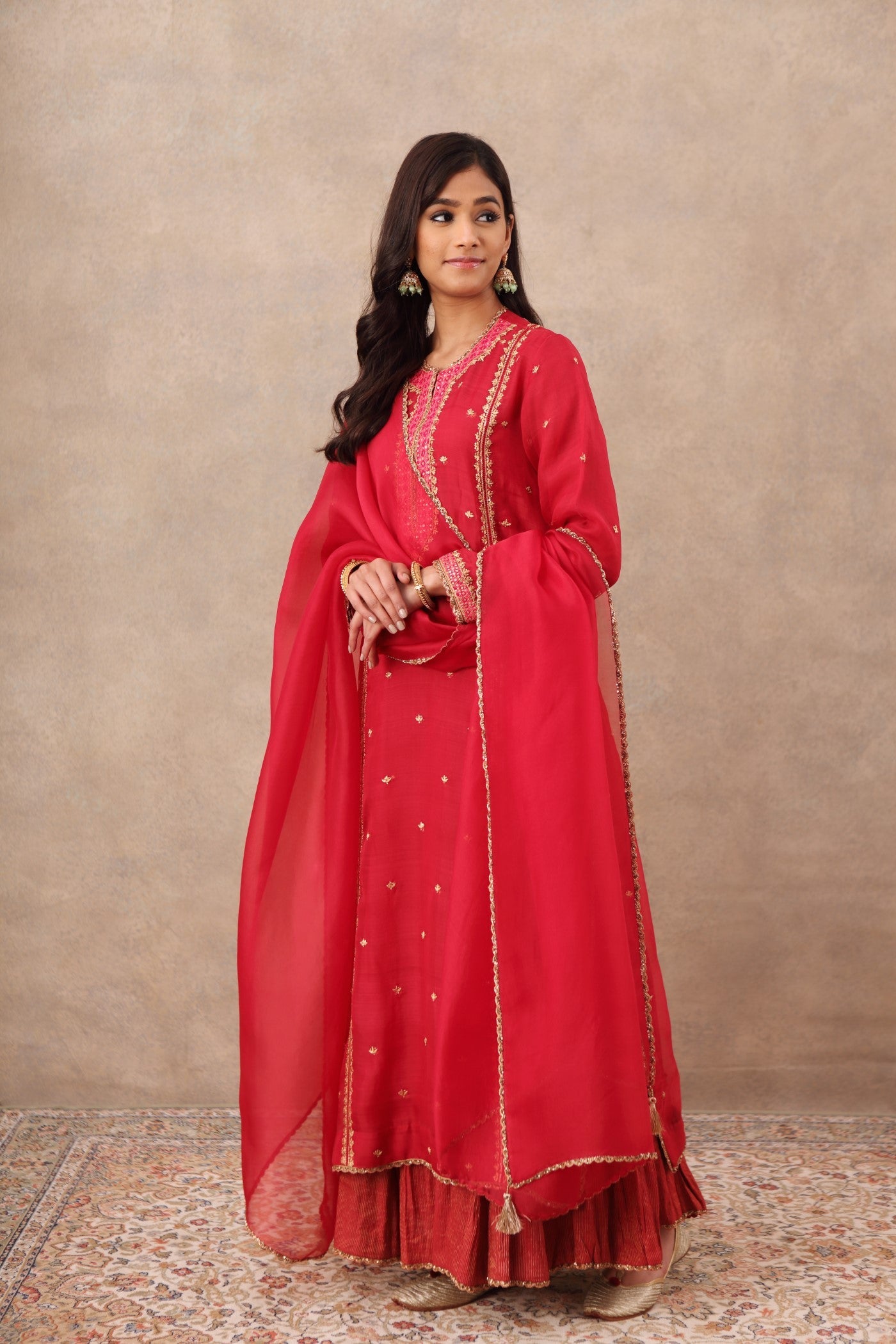 Hand Embroidered Barberry Pink Pure Katan Silk Kurta Sharara Set