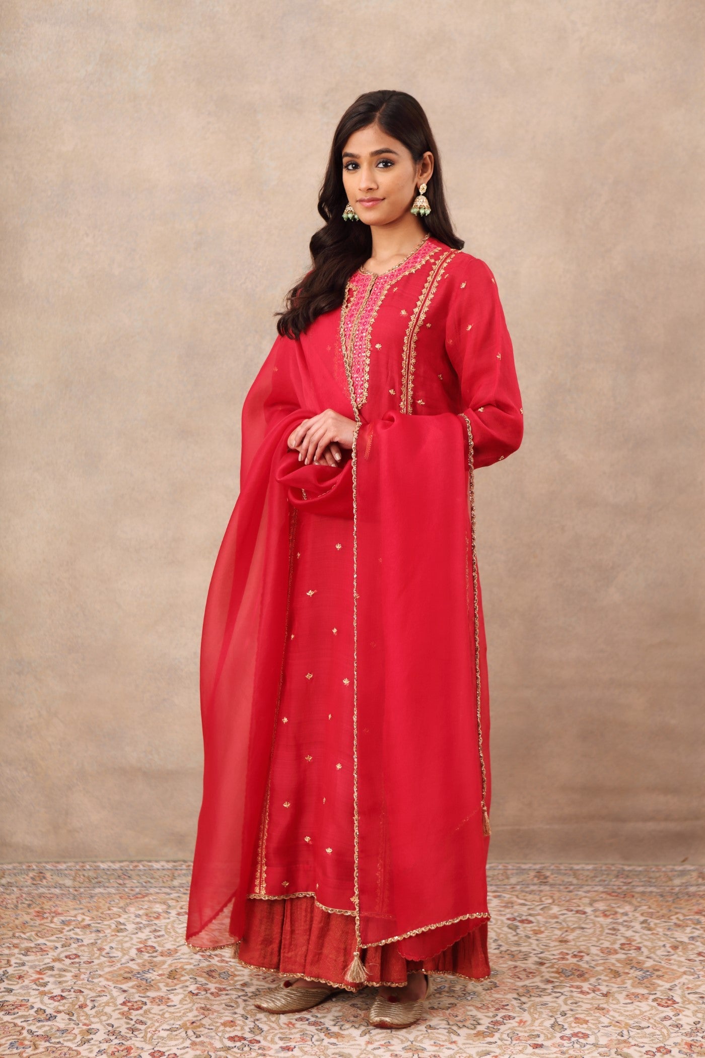 Hand Embroidered Barberry Pink Pure Katan Silk Kurta Sharara Set