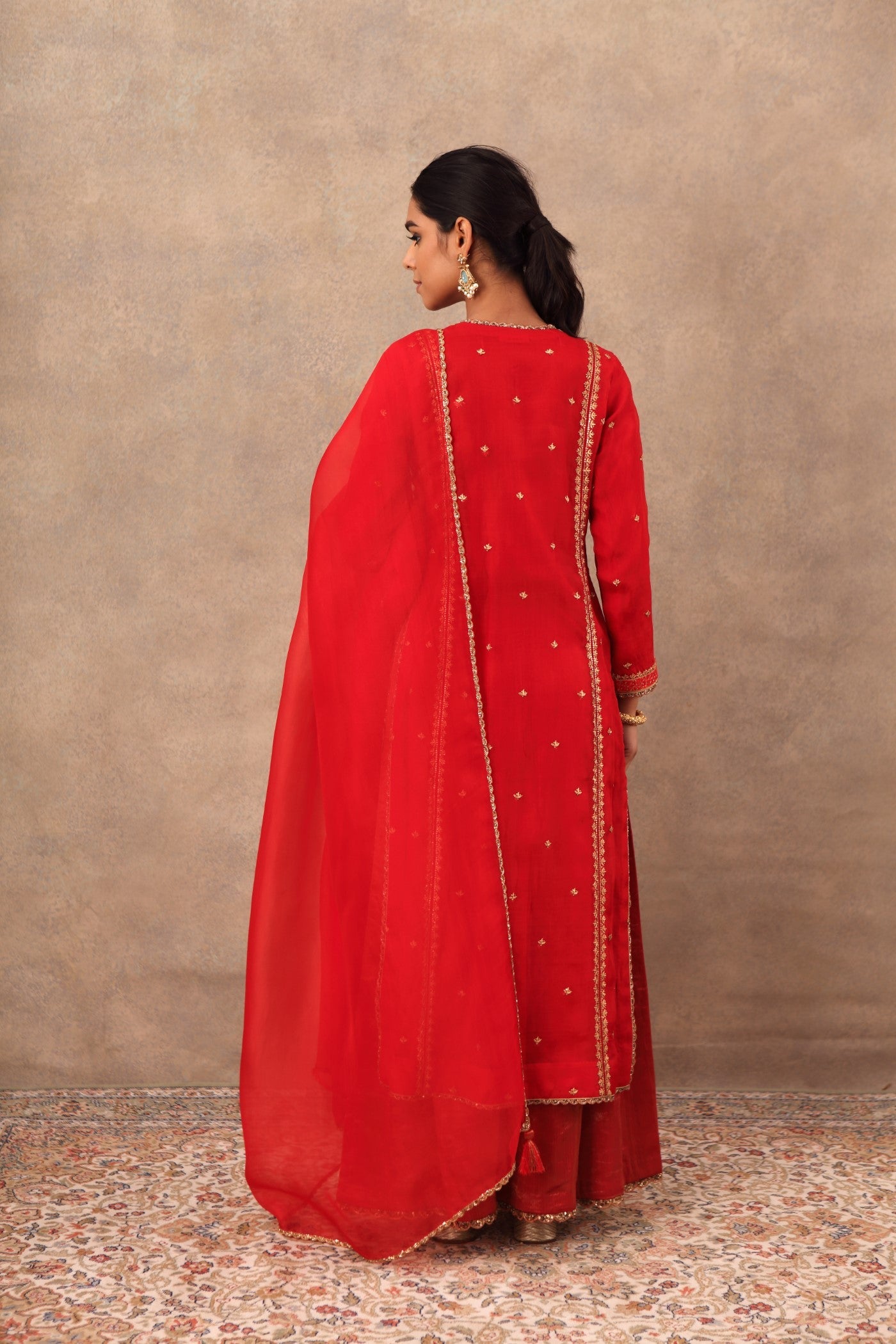 Hand Embroidered Deep Tomato Red Pure Katan Silk Kurta Palazzo Set