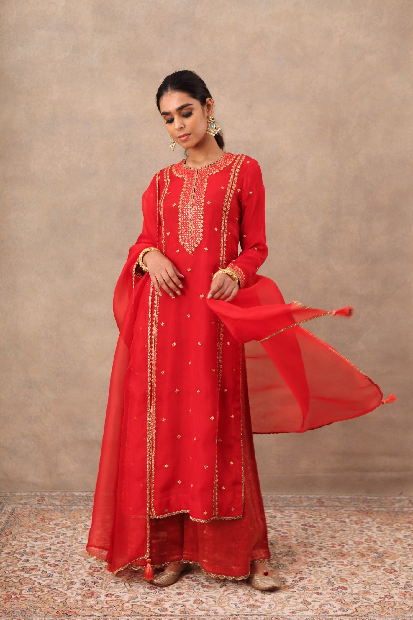 Hand Embroidered Deep Tomato Red Pure Katan Silk Kurta Palazzo Set