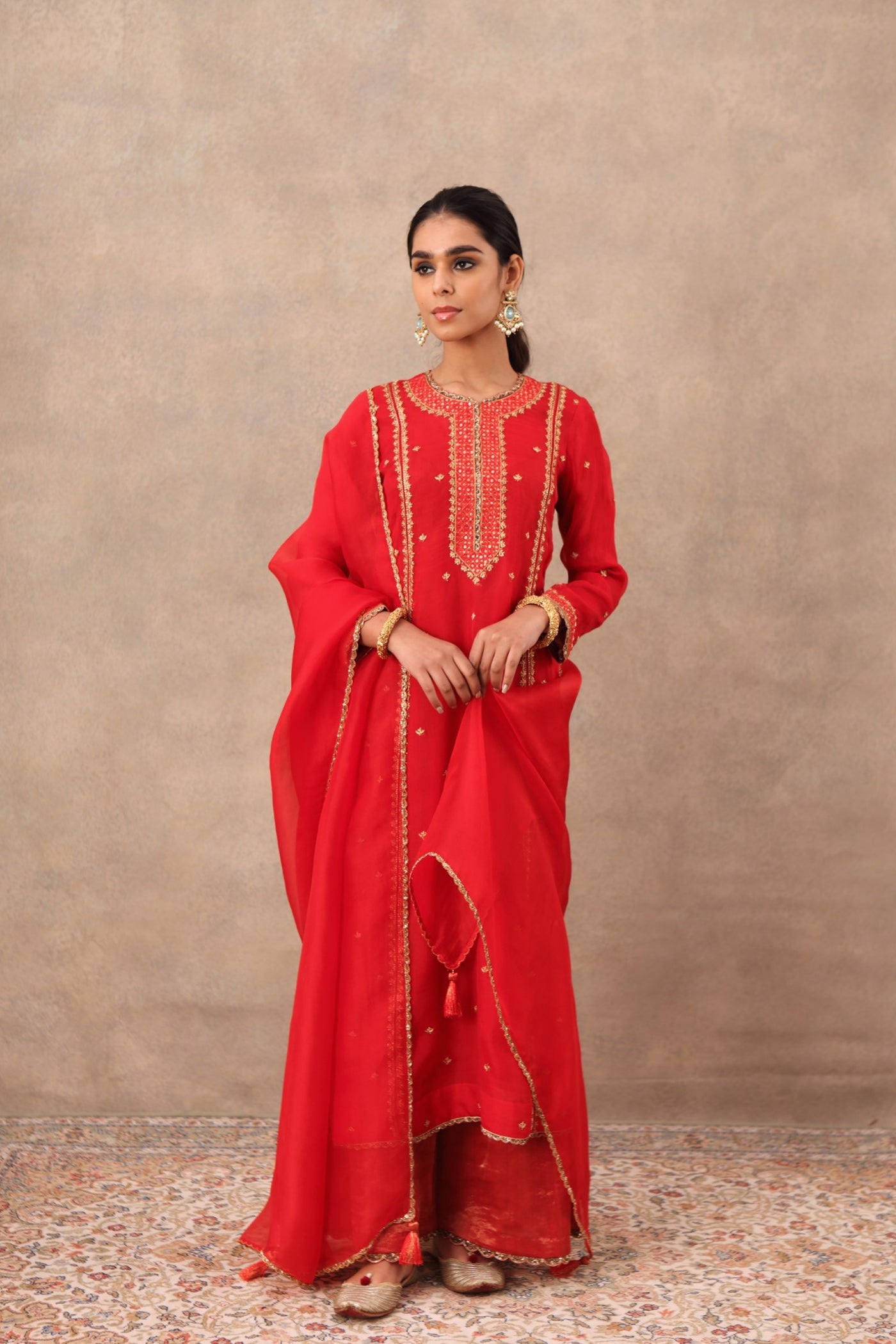Hand Embroidered Deep Tomato Red Pure Katan Silk Kurta Palazzo Set