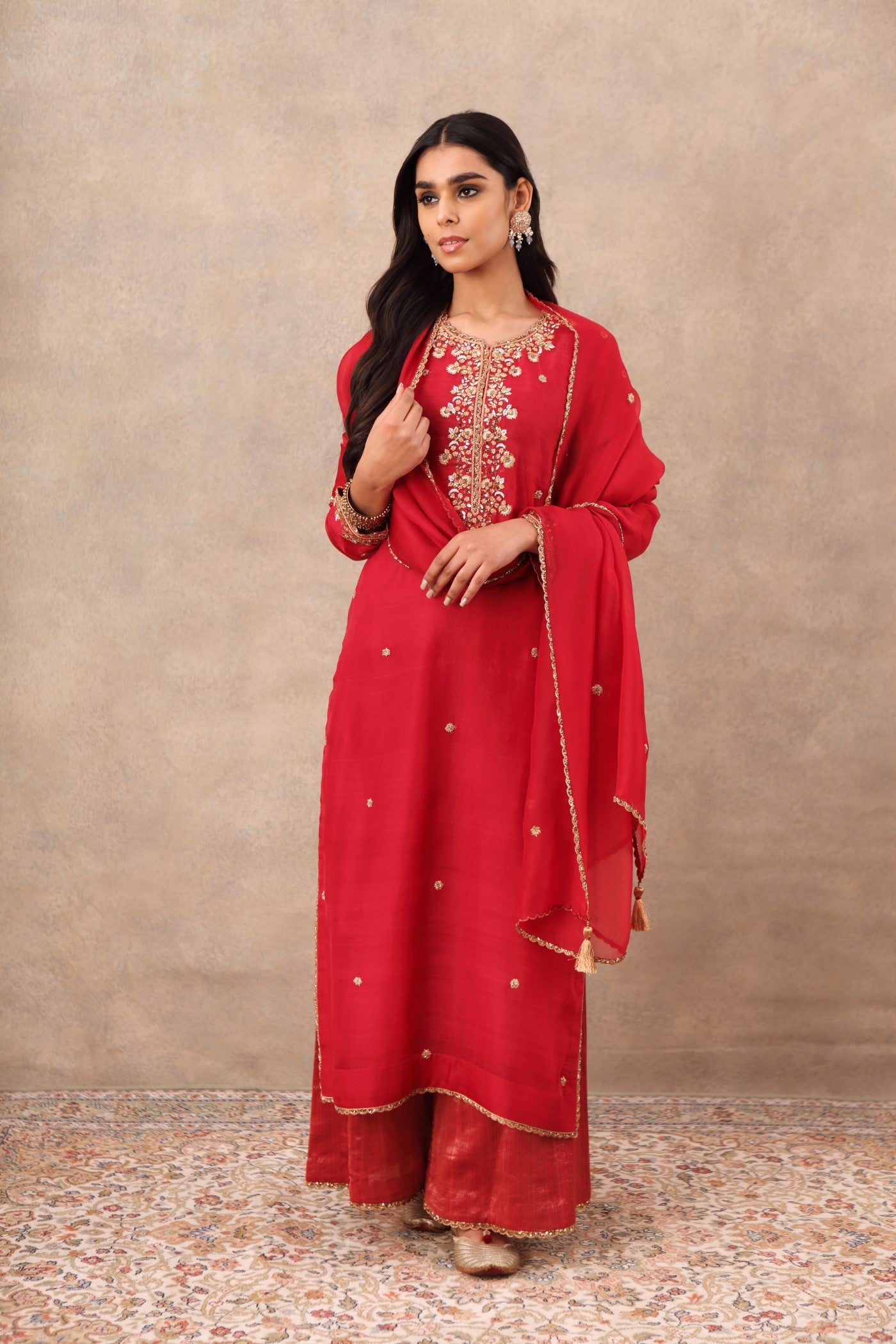 Hand Embroidered Barberry Pink Pure Katan Silk Kurta Sharara Set