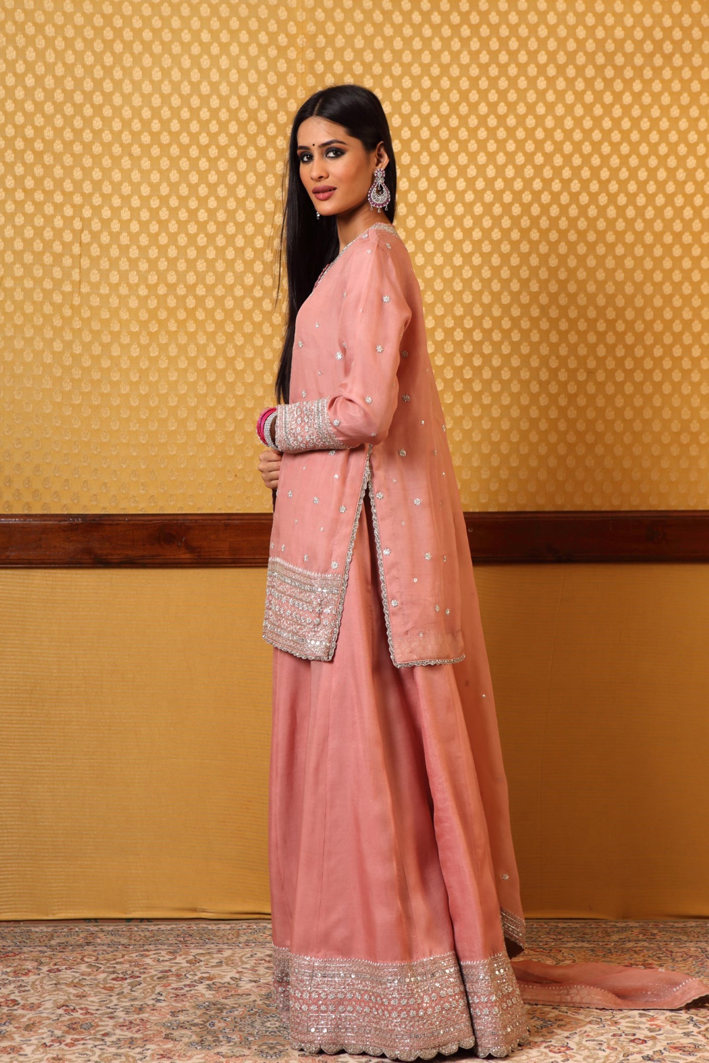 Hand Embroidered Dustypink Pure Silkorganza Kurta And Sharara Set