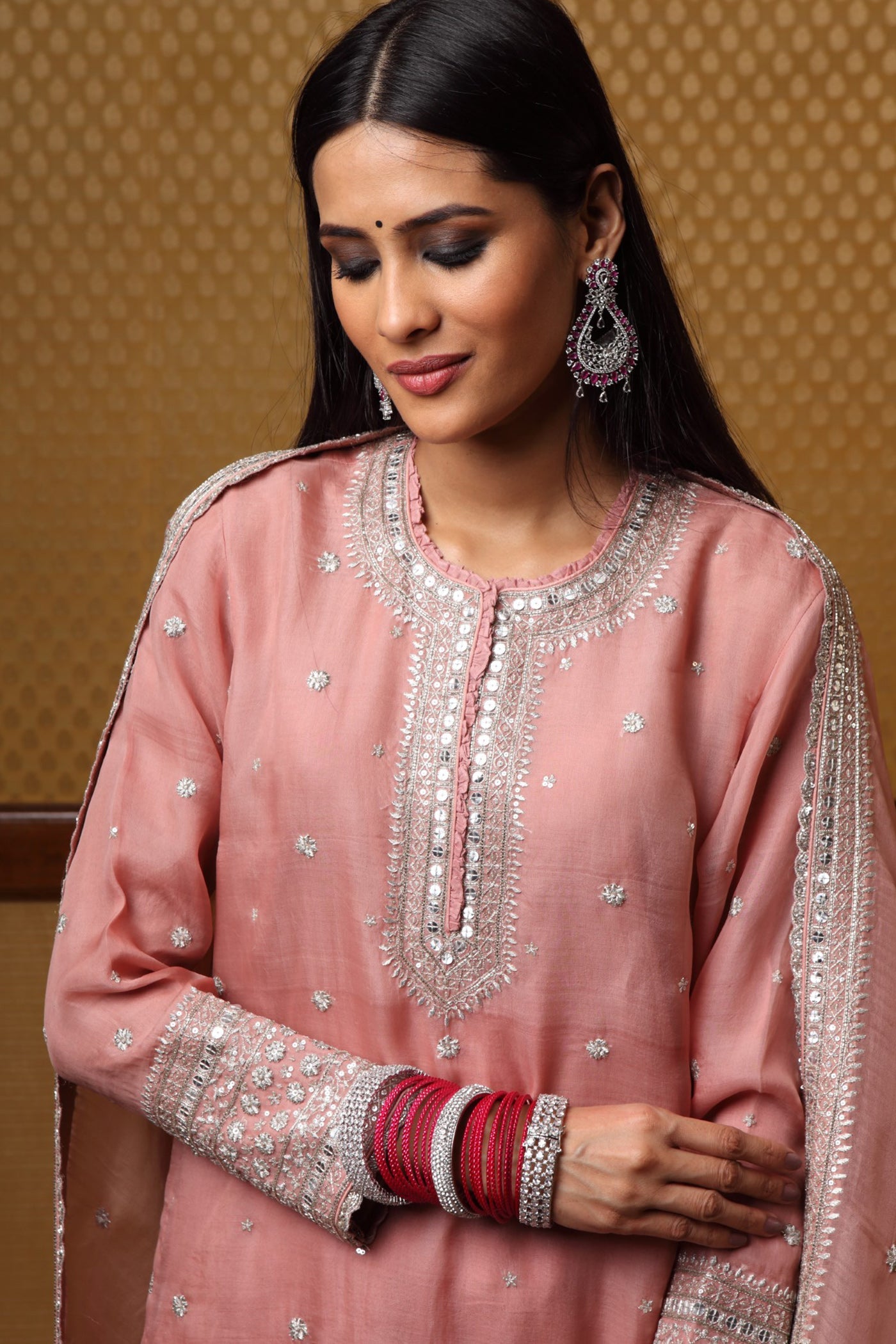 Hand Embroidered Dustypink Pure Silkorganza Kurta And Sharara Set