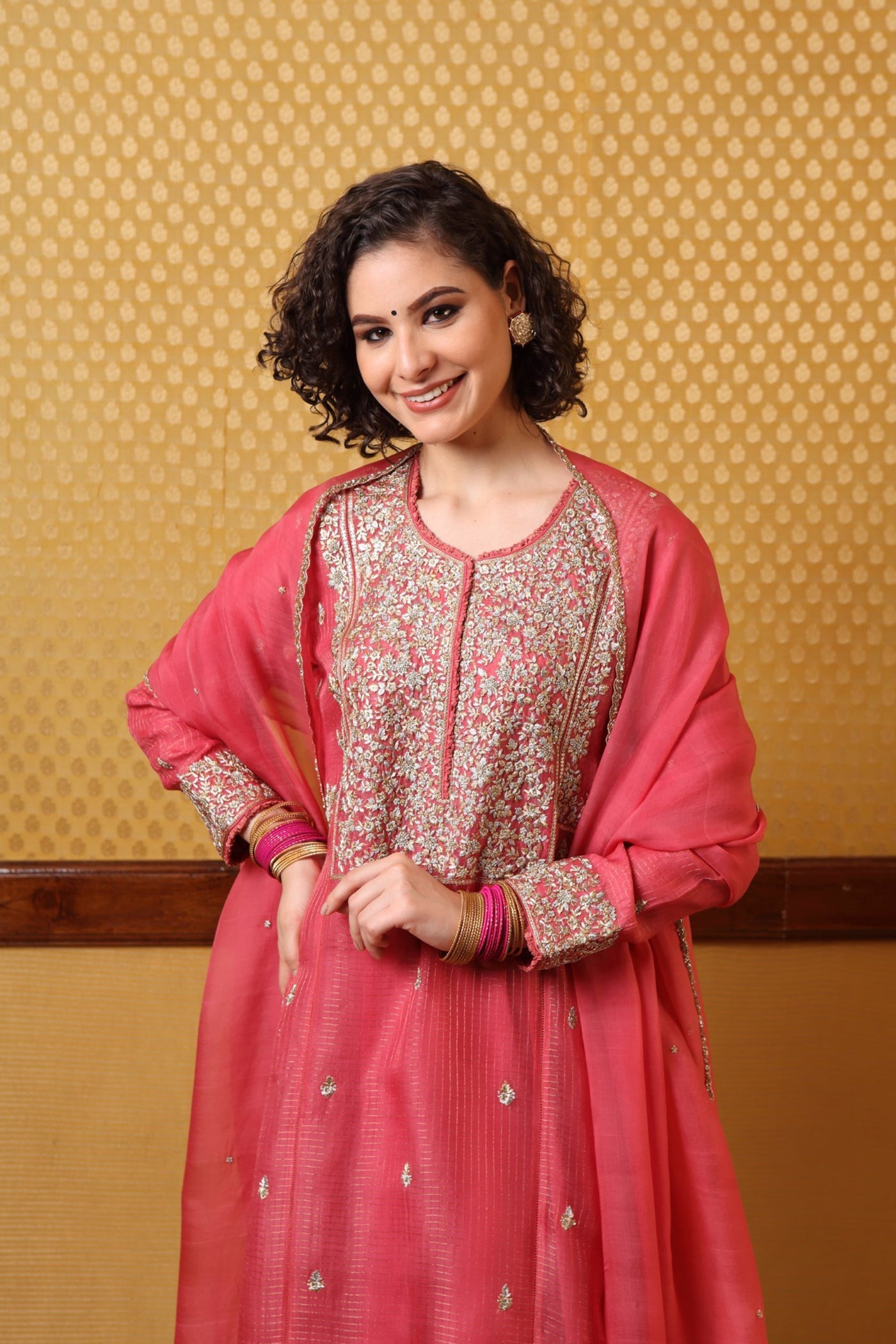 Handembroidered Honeysucklepink Kurta And Sharara Set