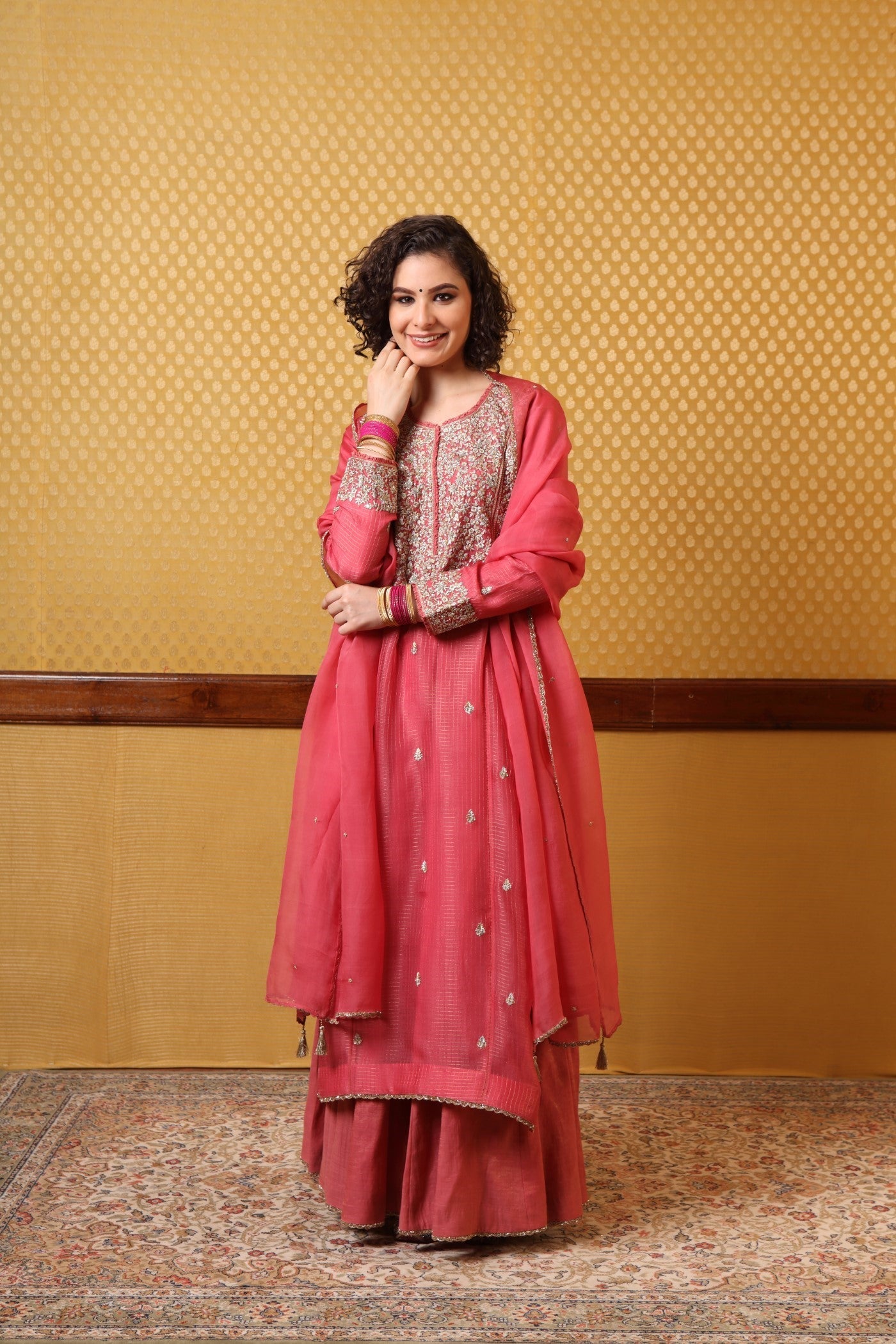 Handembroidered Honeysucklepink Kurta And Sharara Set