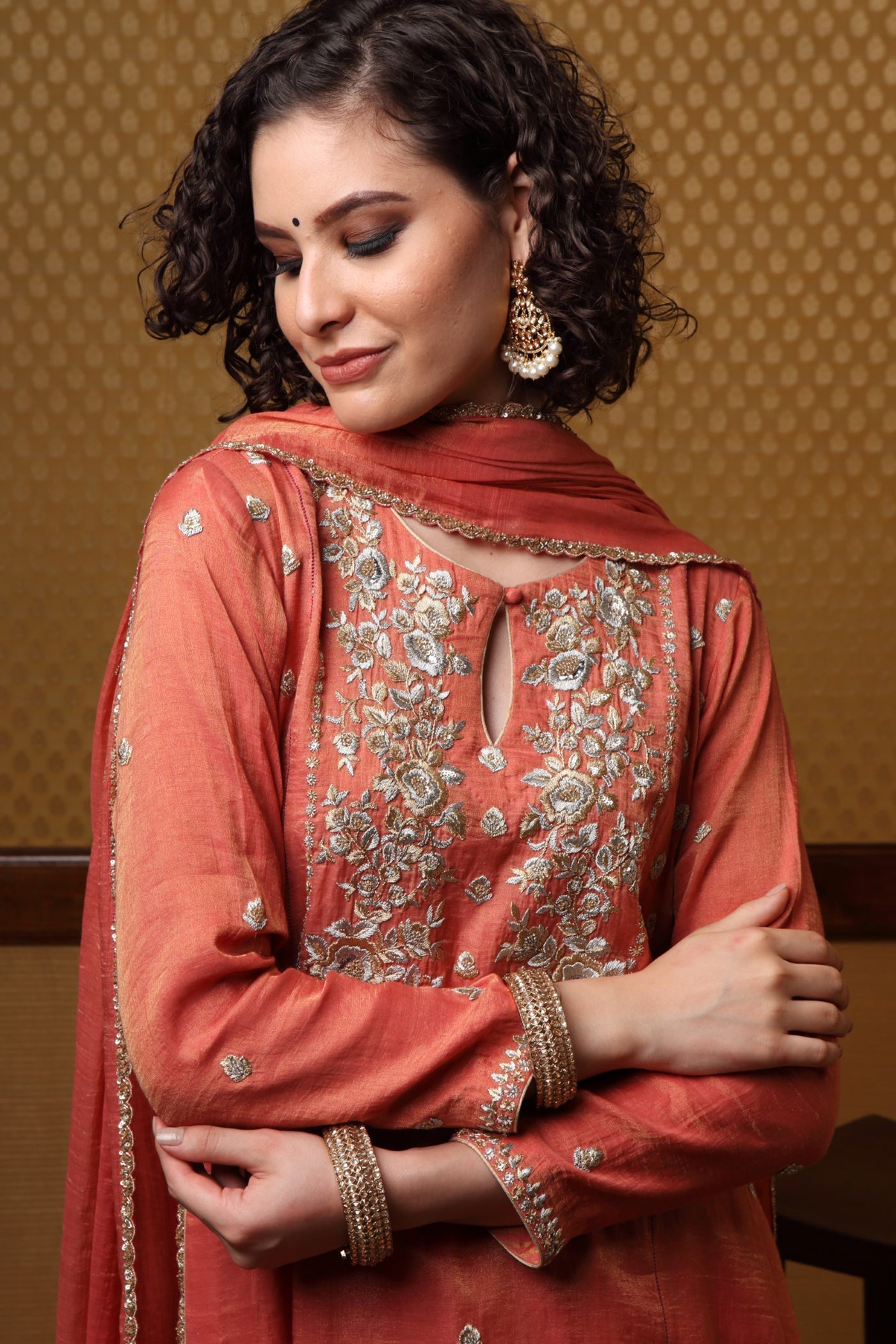 Handembroidered Burntpeach Pure Metallic Silkcotton Kurtashararaset