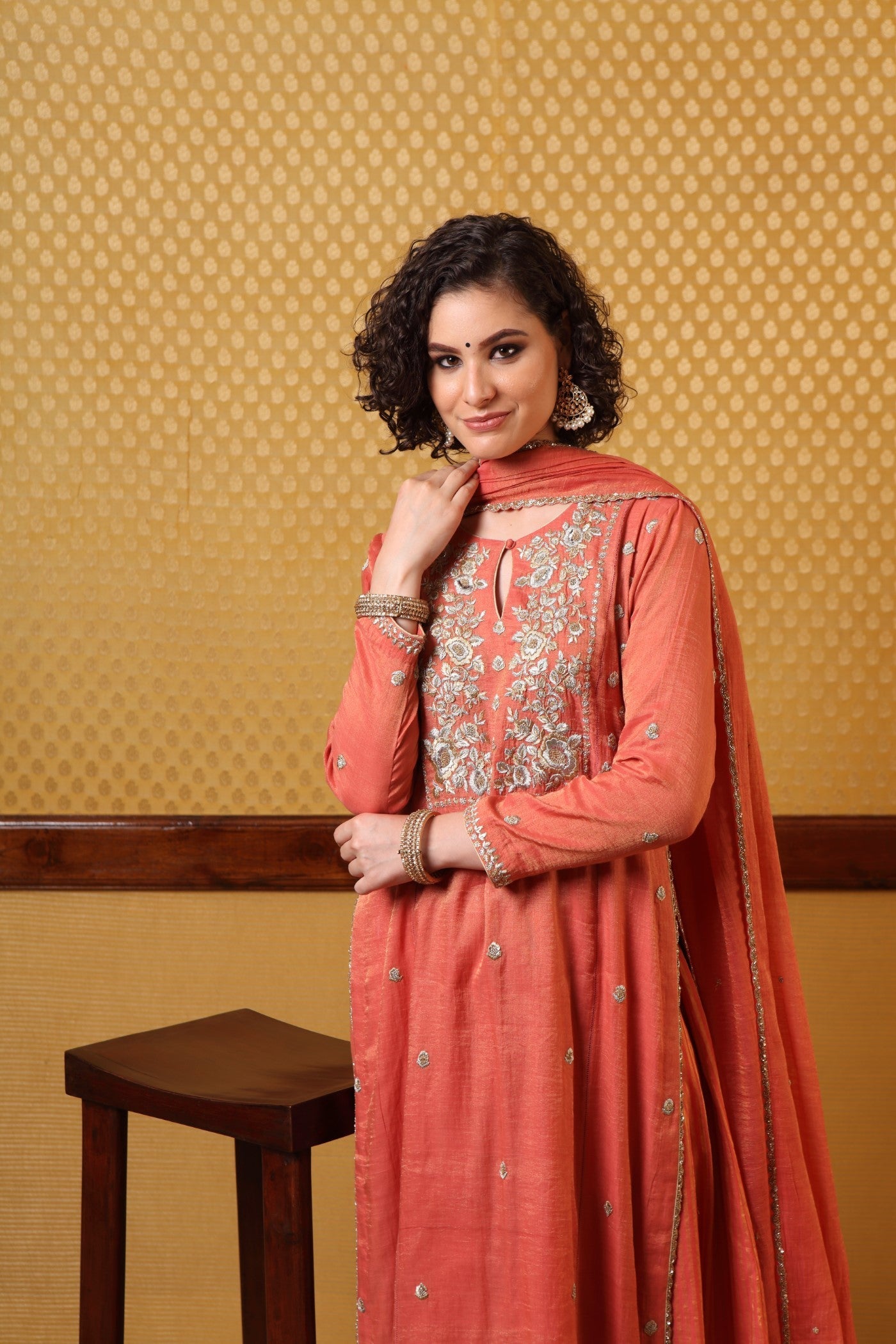 Handembroidered Burntpeach Pure Metallic Silkcotton Kurtashararaset