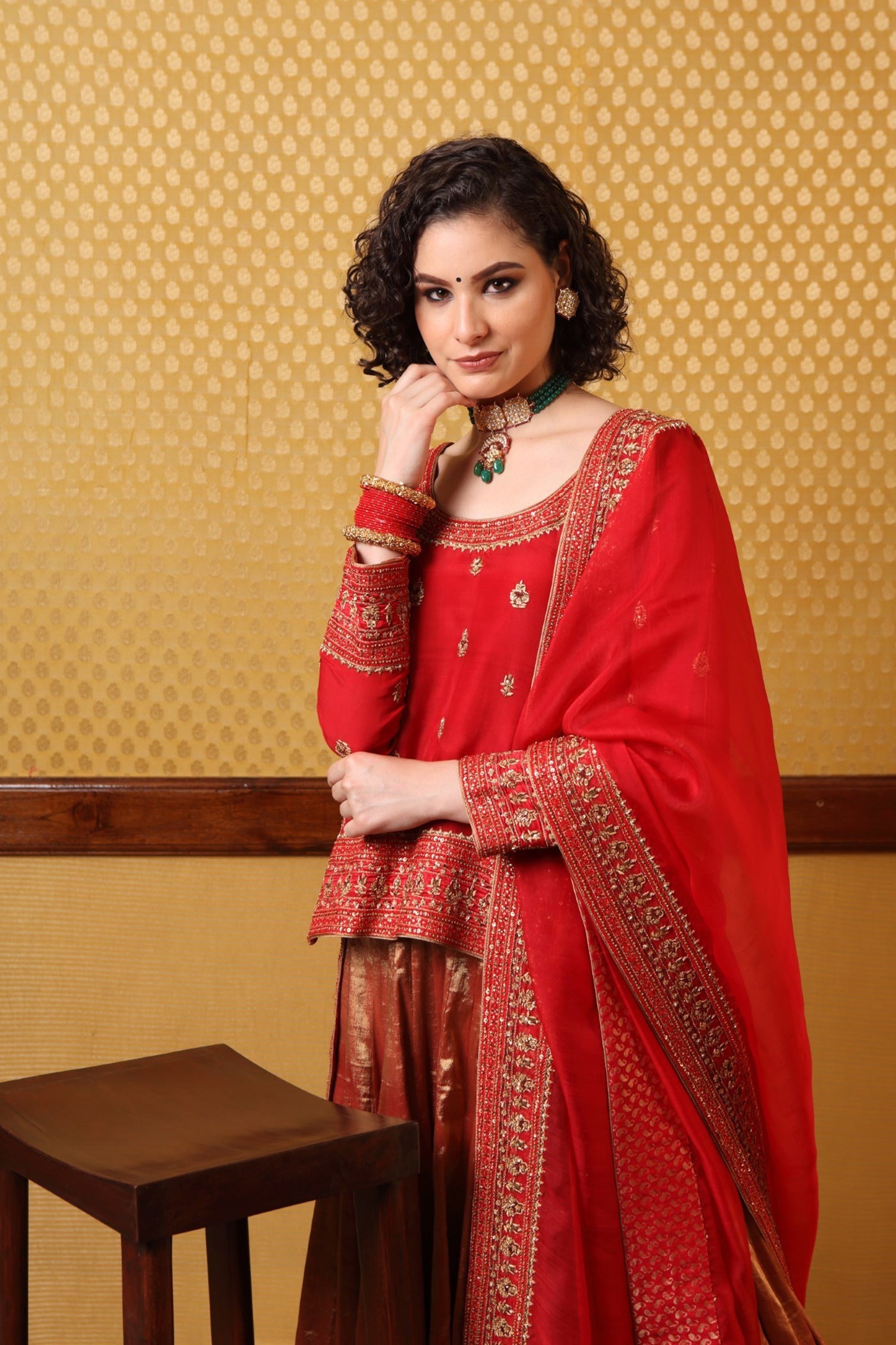 Handembroidered Bridal Red Short Kurta And Pure Metallic Silk Sharara Set