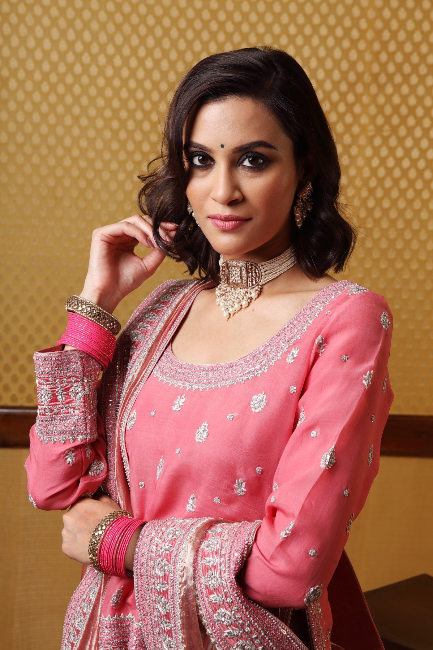 Handembroidered Dusty Pink Shortkurta And Pure Metallic Silk Sharara Set