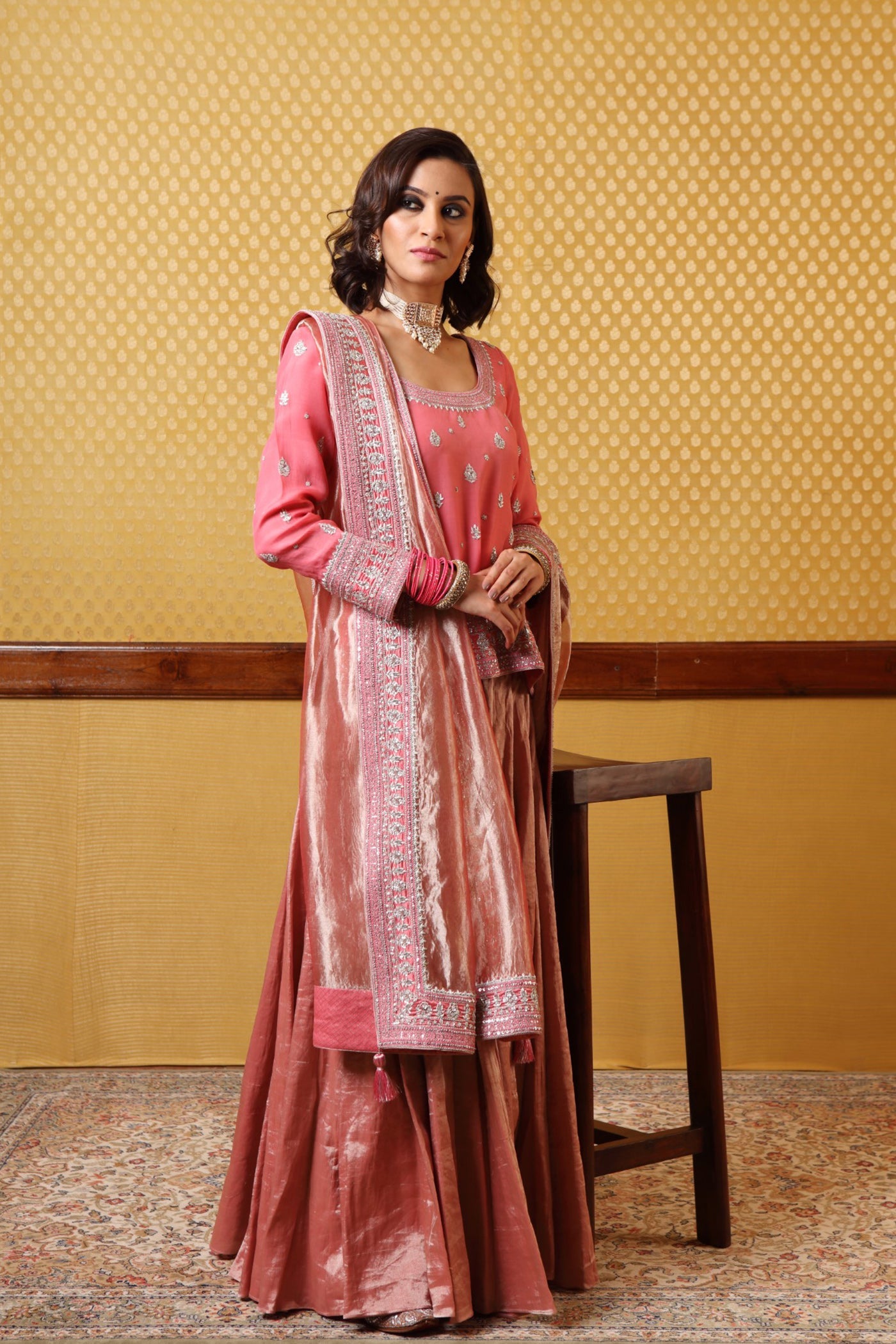 Handembroidered Dusty Pink Shortkurta And Pure Metallic Silk Sharara Set