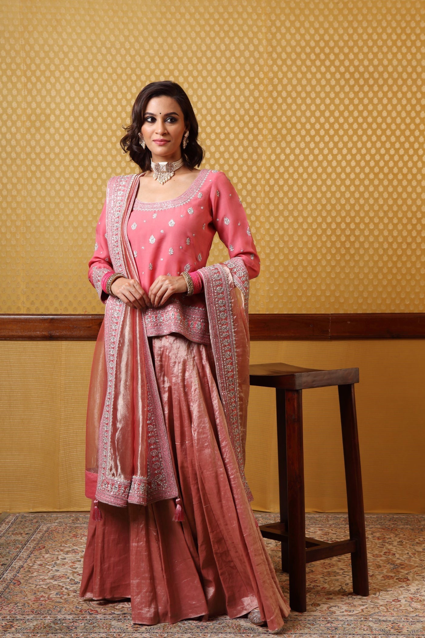Handembroidered Dusty Pink Shortkurta And Pure Metallic Silk Sharara Set