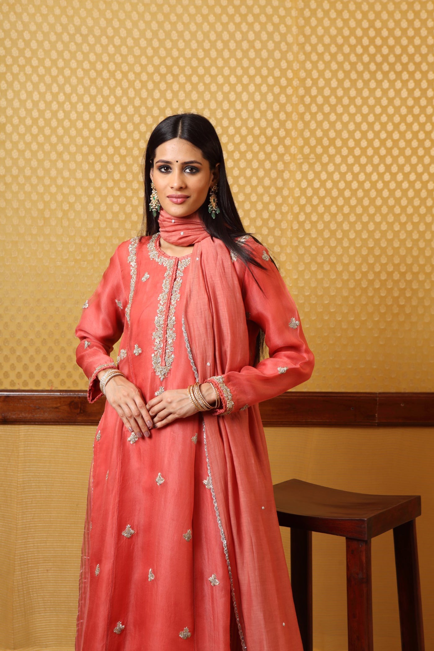 Handembroidered Peach  Kurtapure Silkorganza Kurtasharara Set