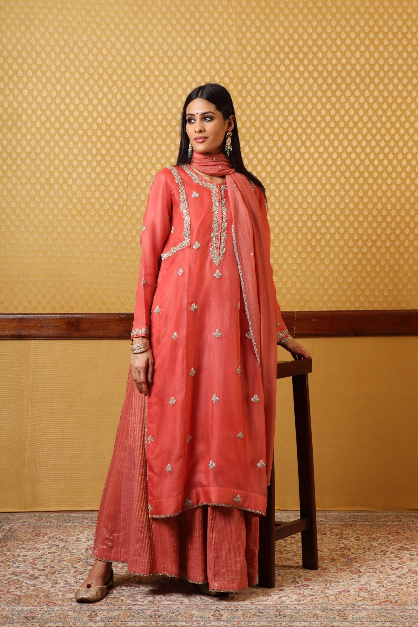 Handembroidered Peach  Kurtapure Silkorganza Kurtasharara Set