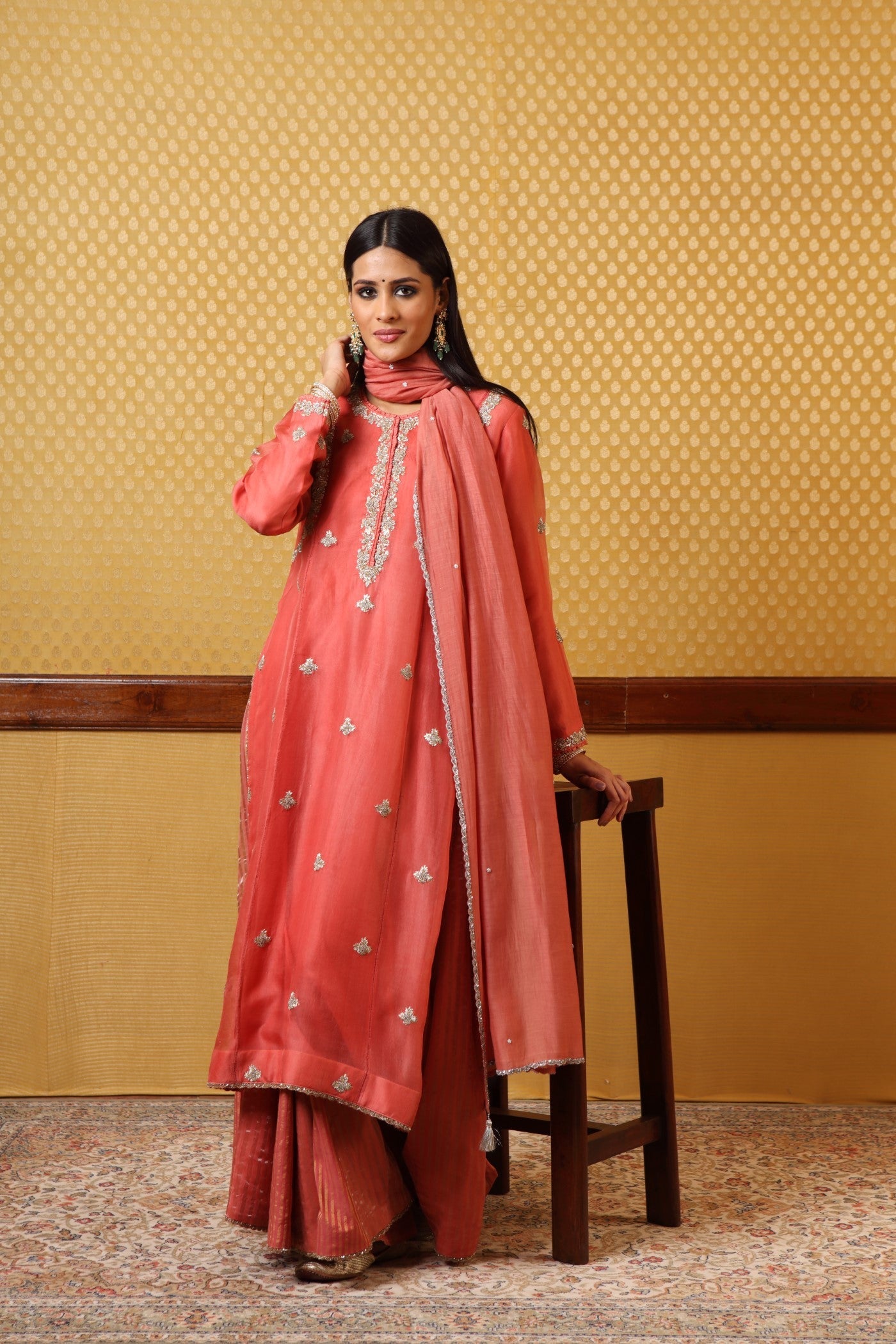 Handembroidered Peach  Kurtapure Silkorganza Kurtasharara Set