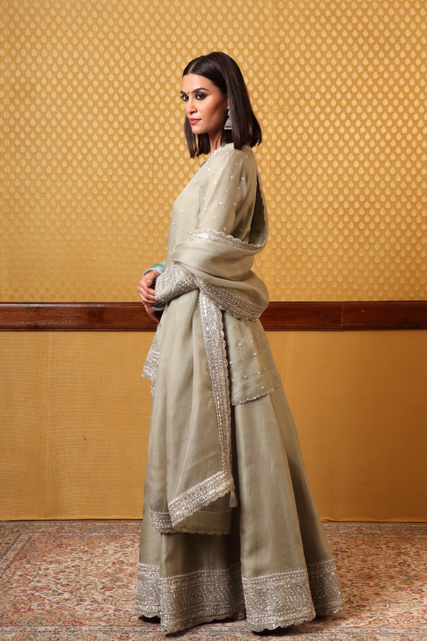 Hand embroidered Pista Green Pure Silk organza Kurta and Sharara Set