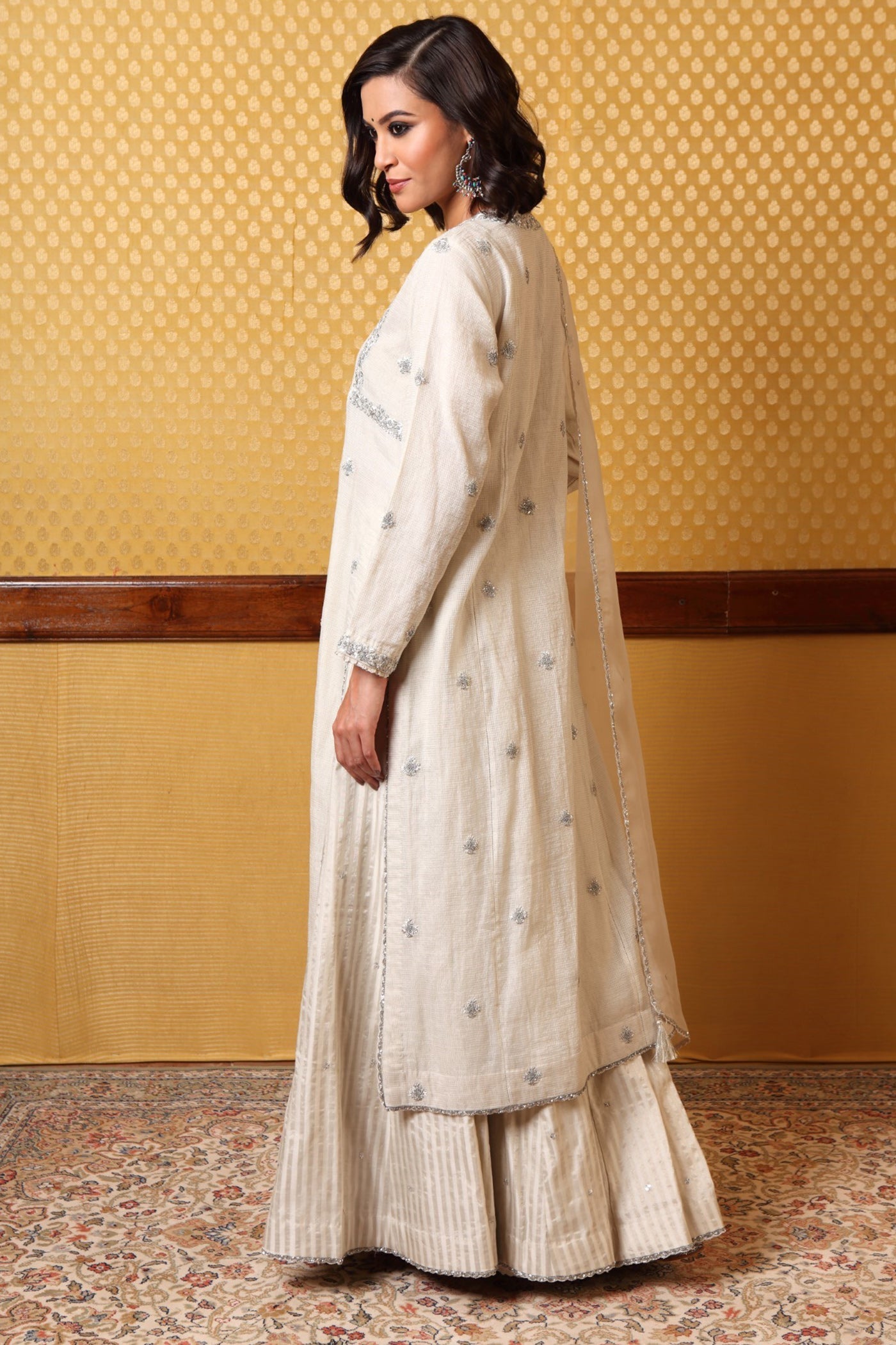 Handembroidered Birch White Pure Silkcotton Kurta Sharara Set (A)