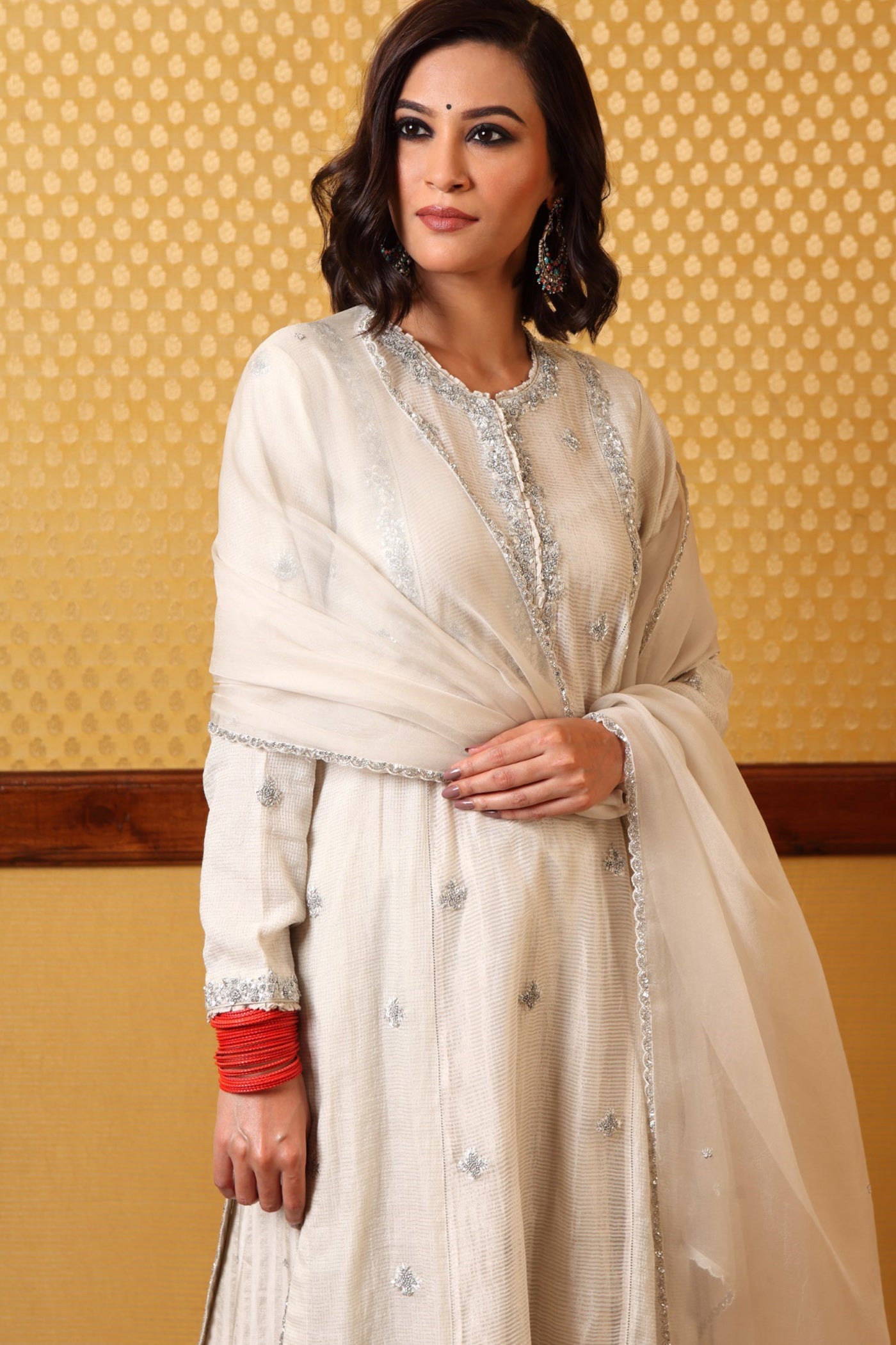 Handembroidered Birch White Pure Silkcotton Kurta Sharara Set (A)