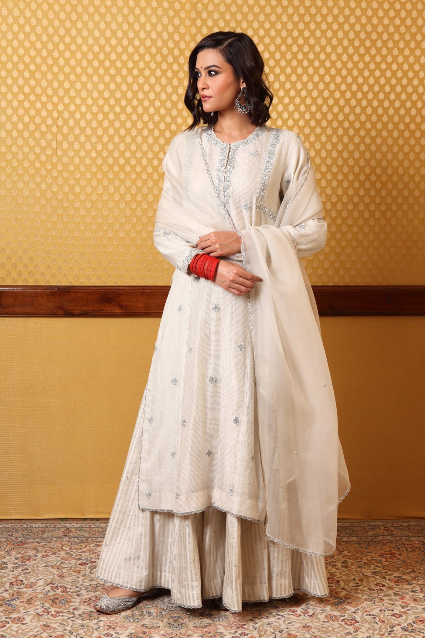 Handembroidered Birch White Pure Silkcotton Kurta Sharara Set (A)