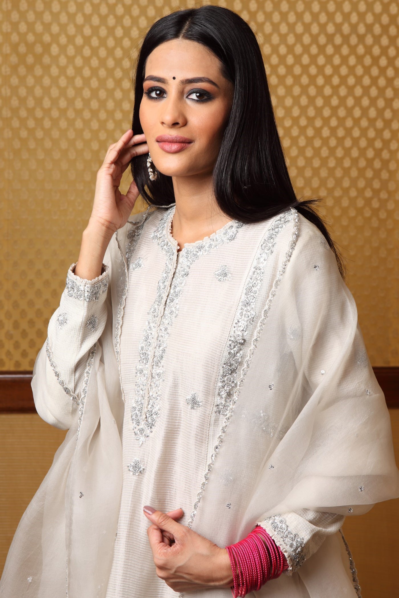 Hand Embroidered Birch White Pure Silk Cotton Kurta Sharara Set (B)