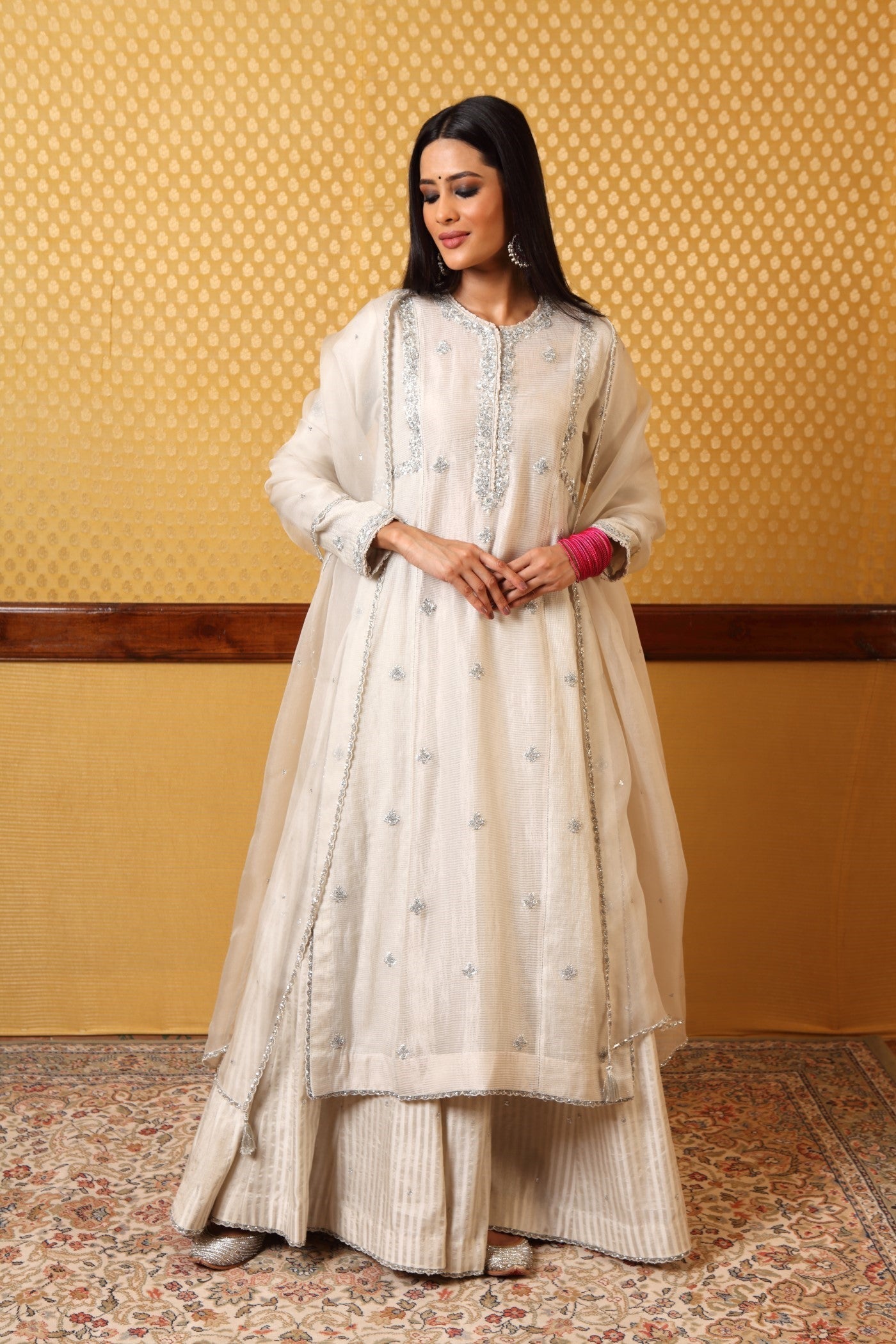 Hand Embroidered Birch White Pure Silk Cotton Kurta Sharara Set (B)