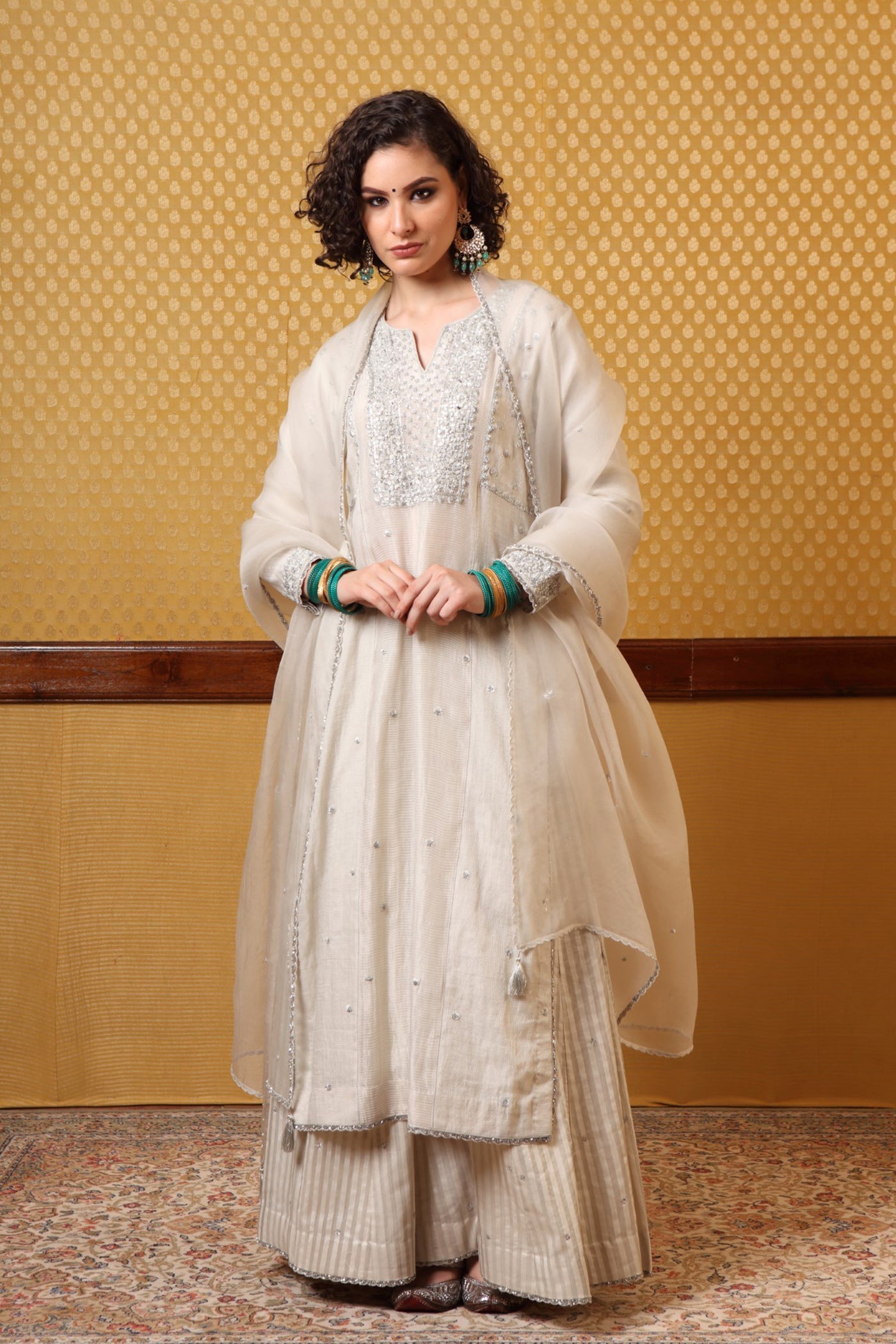 Hand Embroidered Birch White Pure Silkcotton Kurta Sharara Set