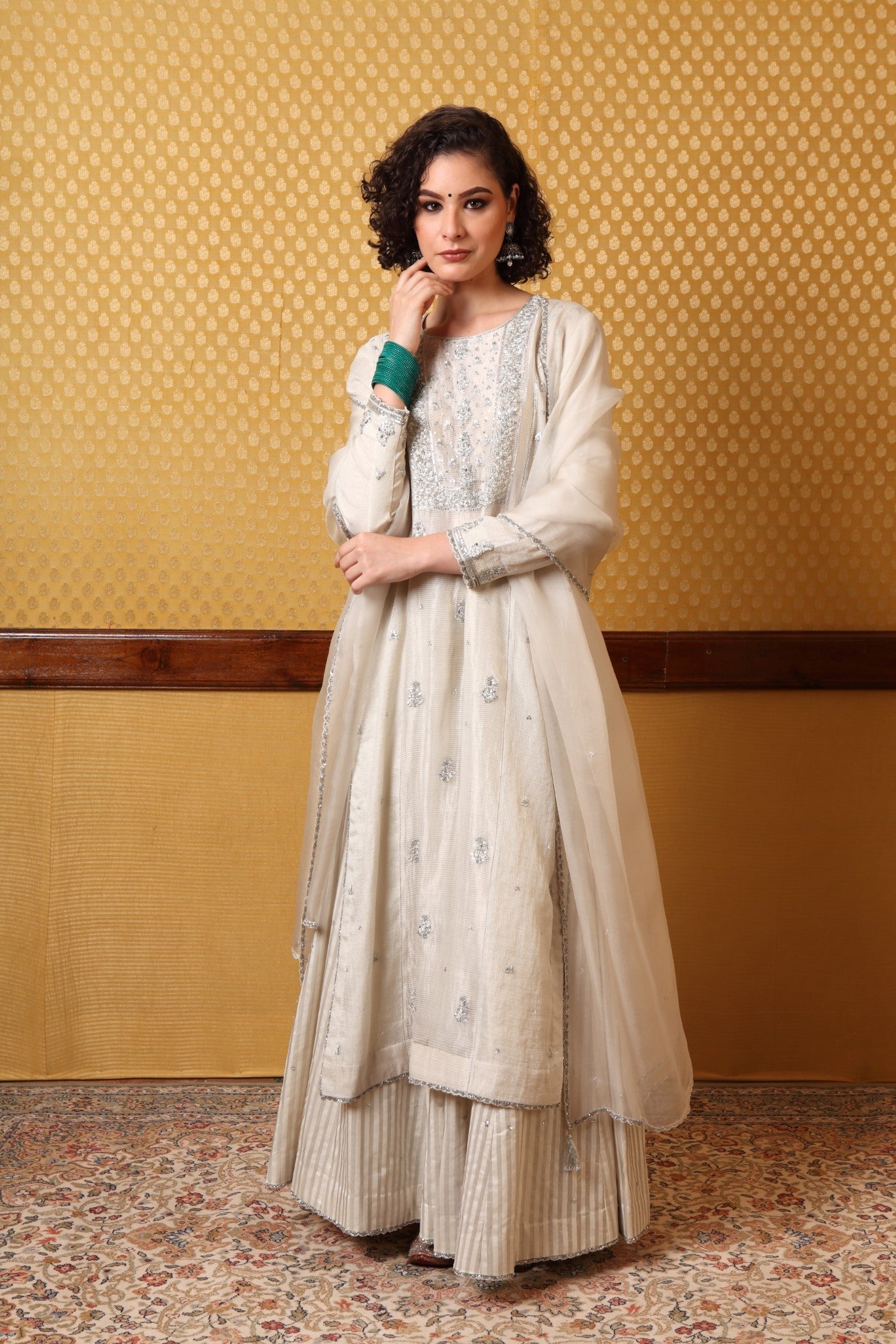 Hand Embroidered Birch White Pure Silkcotton Kurta Sharara Set
