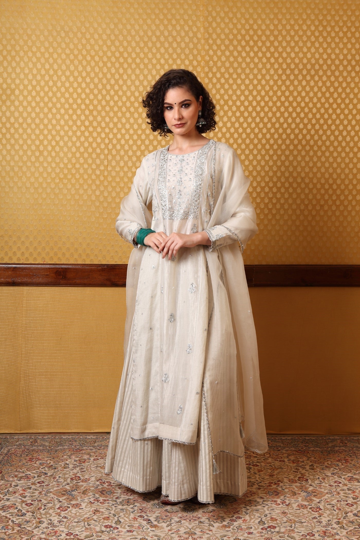 Hand Embroidered Birch White Pure Silkcotton Kurta Sharara Set