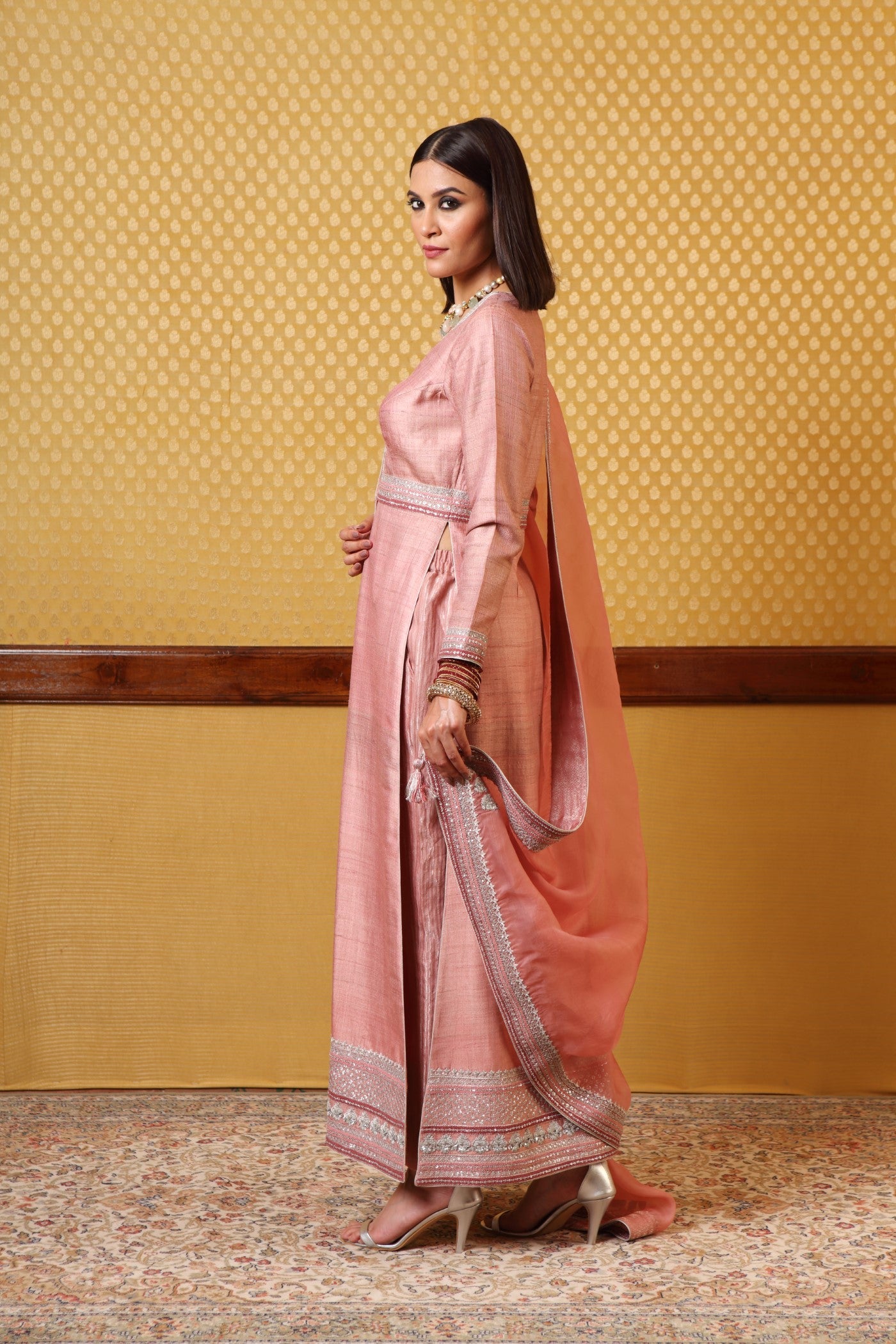 Handembroidered Dustyrose Pure Tussarsilk Kurtapants Set