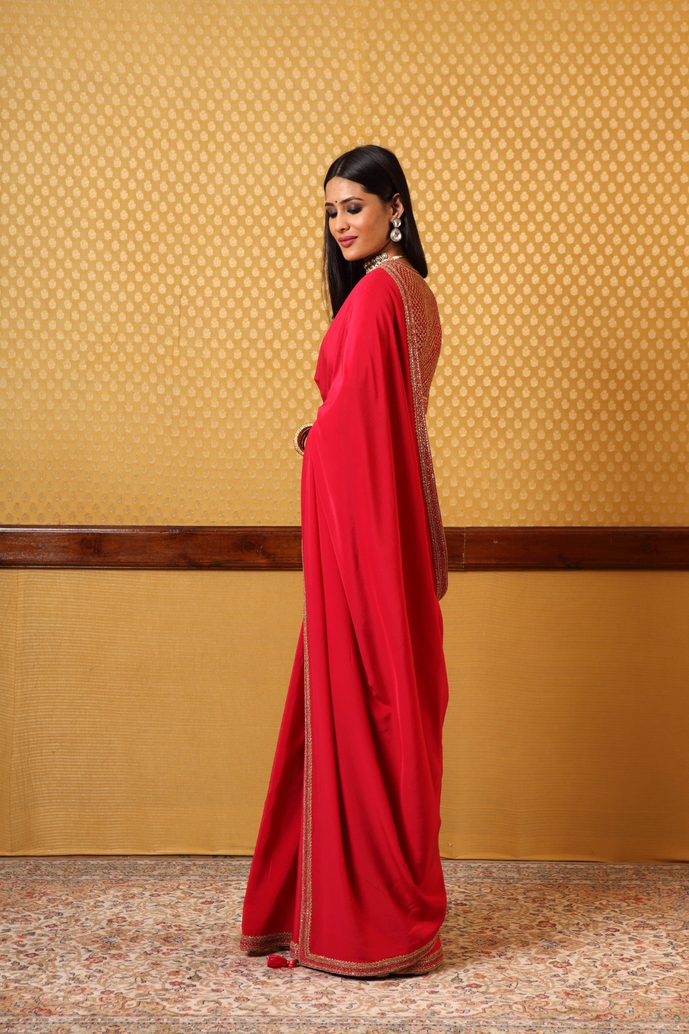 Handembroidered Crimson Pink Pure Crepesilk Sareeblouse Set