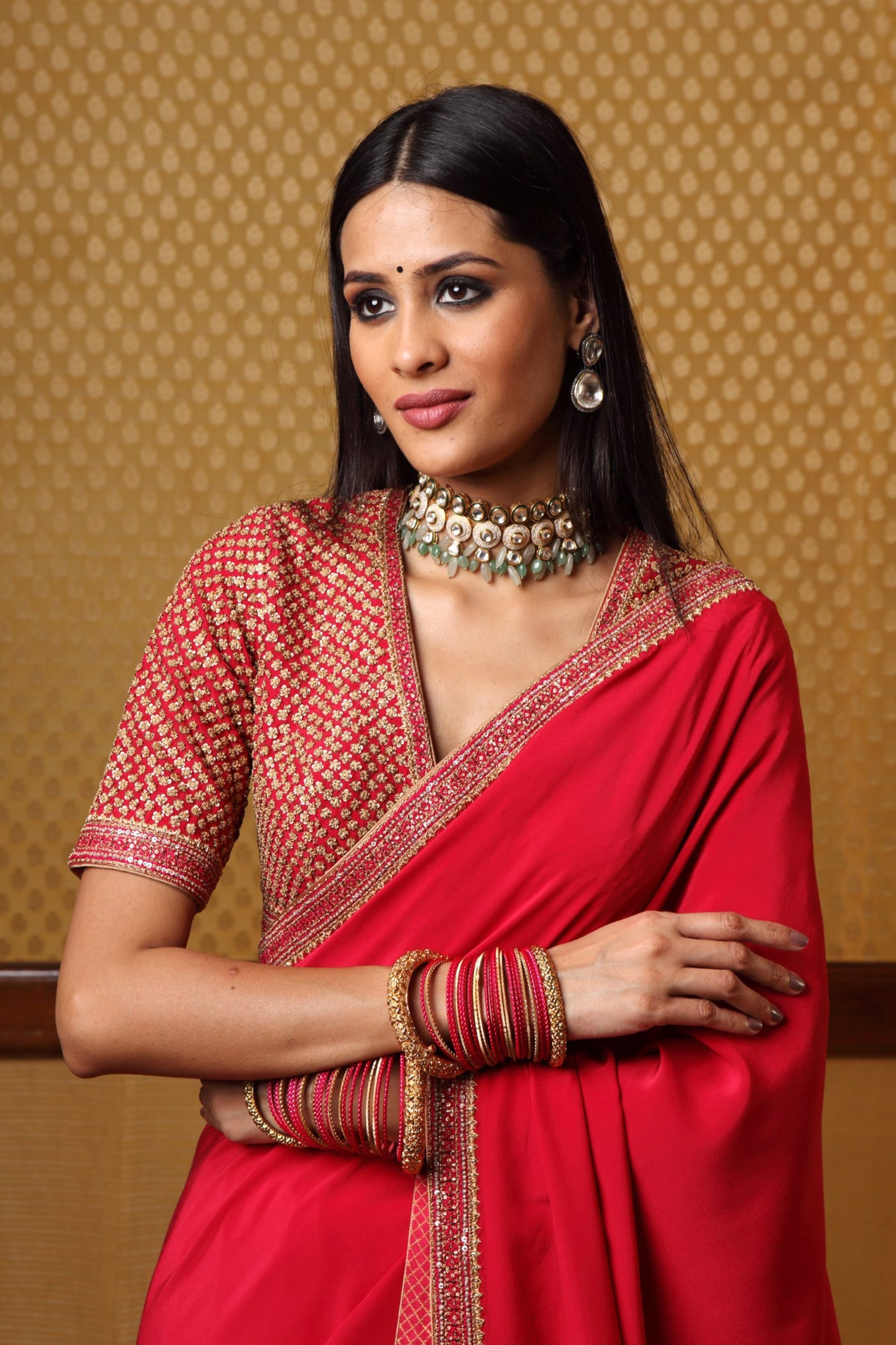 Handembroidered Crimson Pink Pure Crepesilk Sareeblouse Set