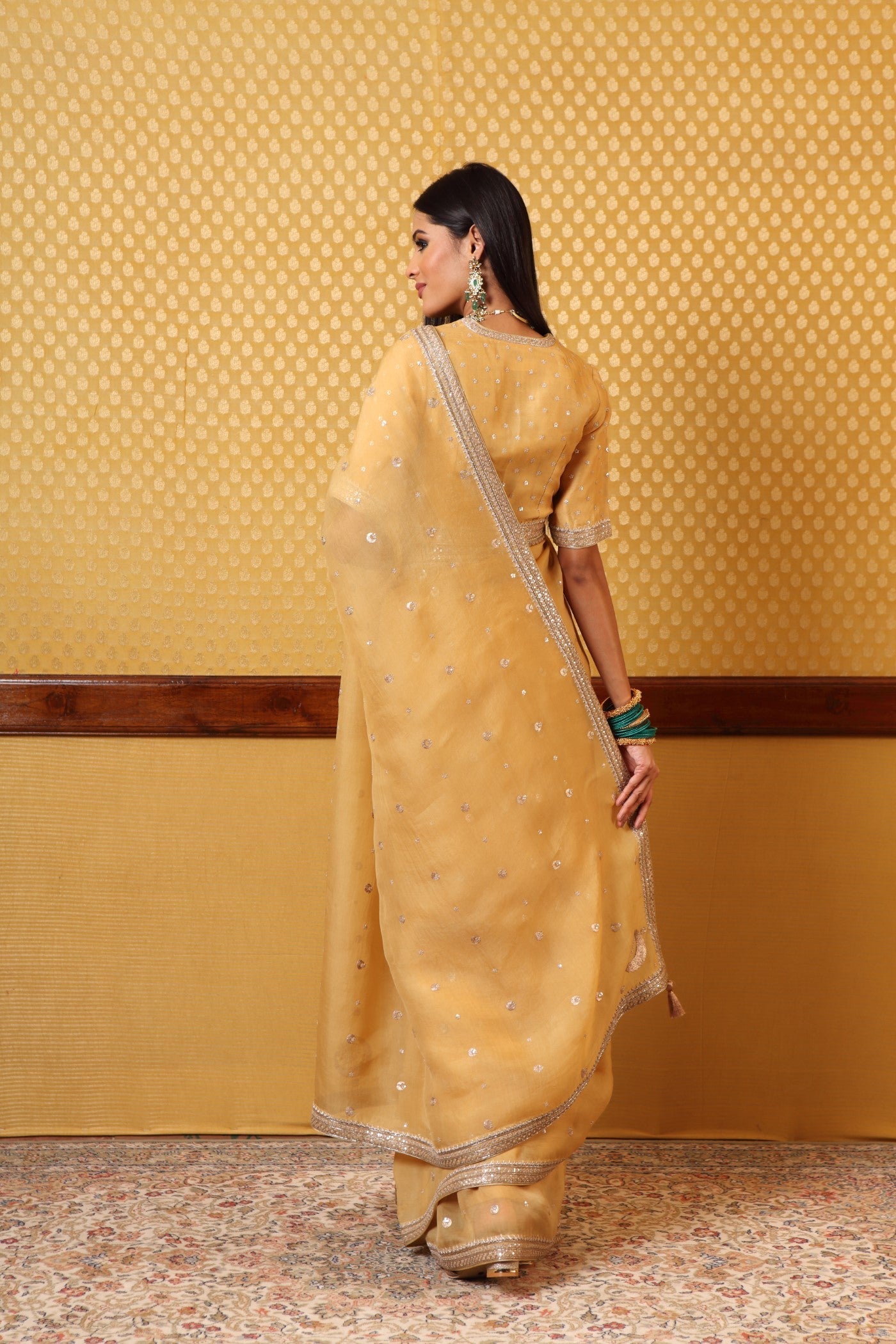 Handembroidered Dustyyellow Pure Silkorganza Saree Blouse Set With Chand Buta