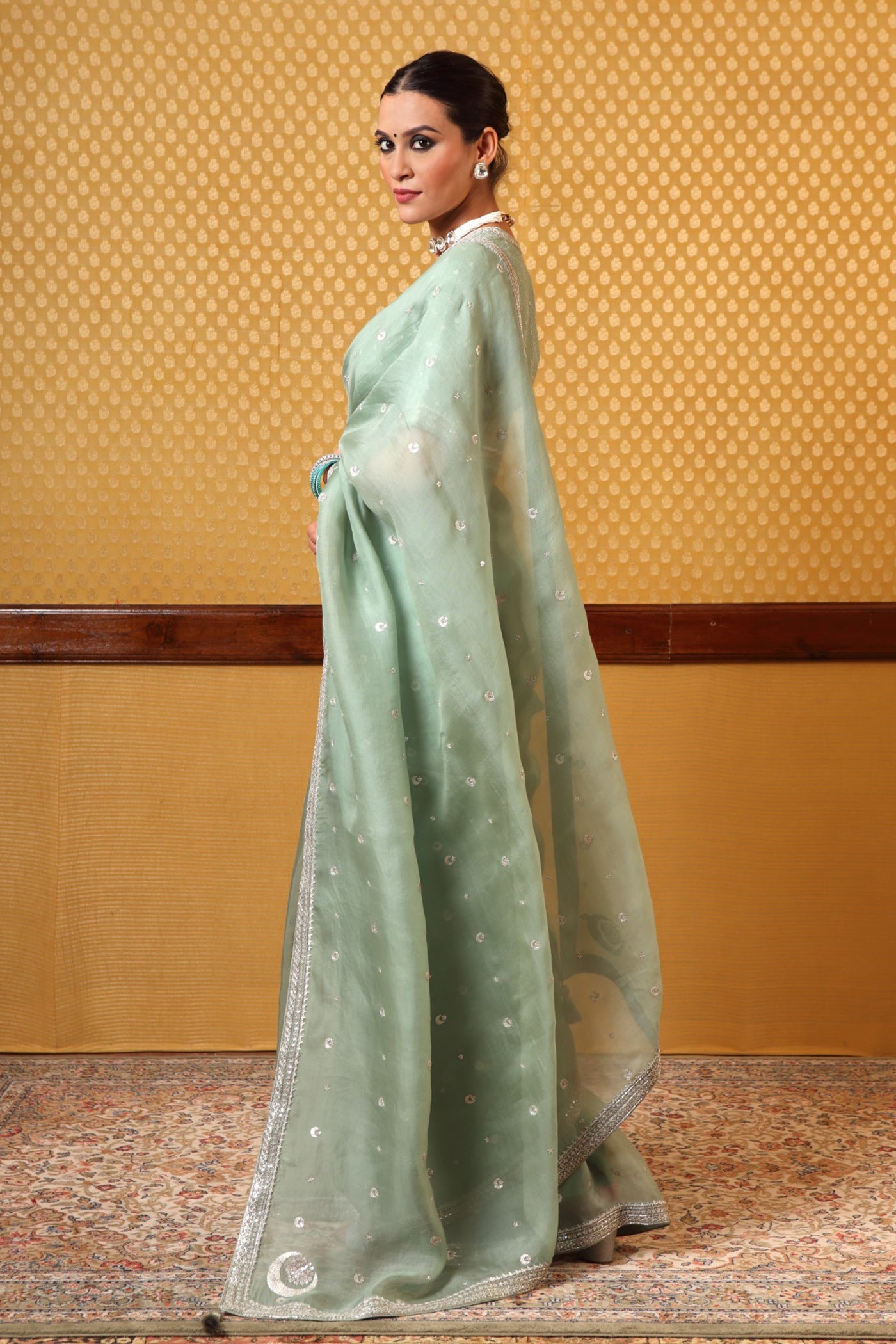 Handembroidered Fern Green Pure Silkorganza Sareeblouse Set With Chand Buta