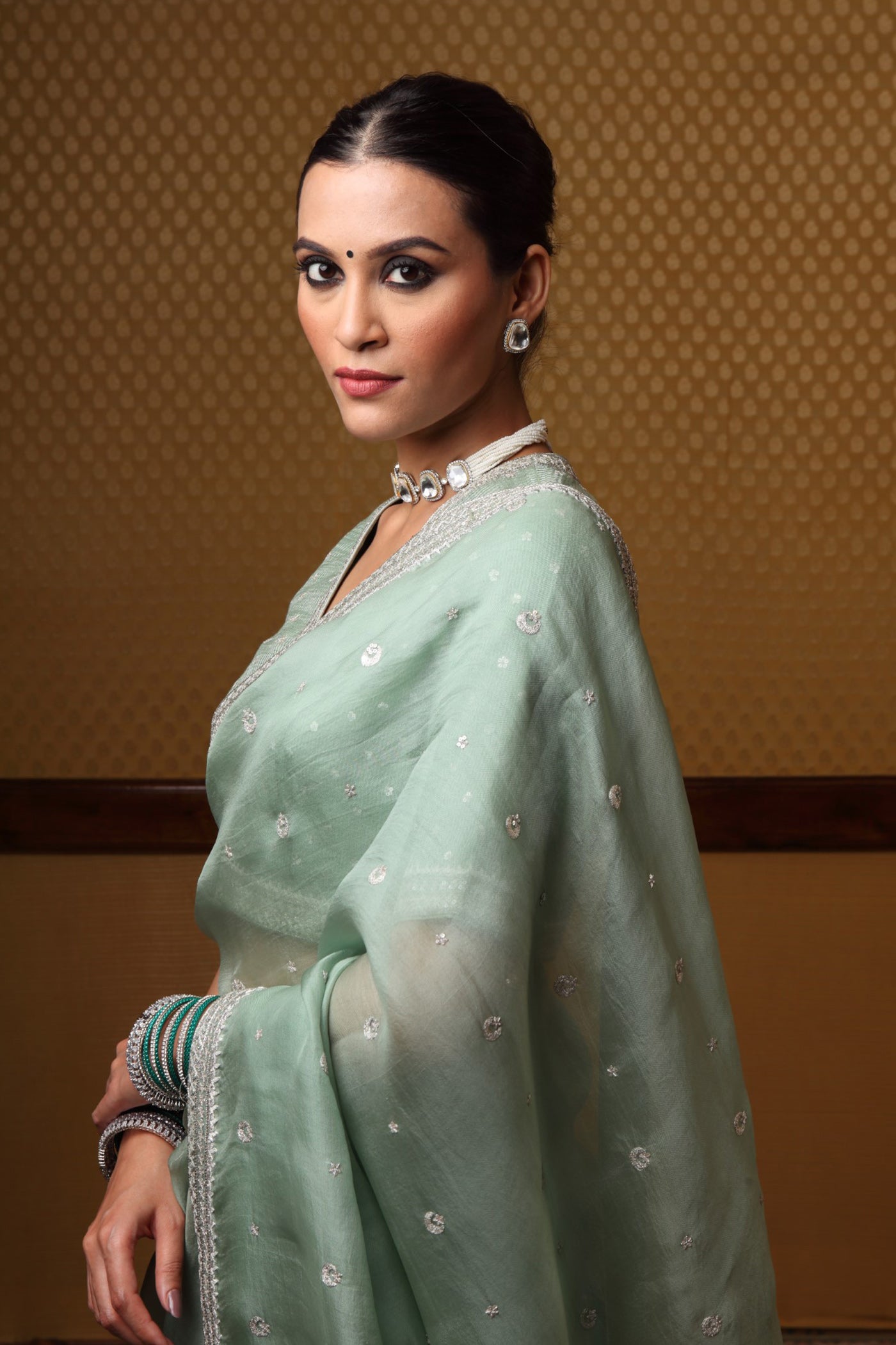 Handembroidered Fern Green Pure Silkorganza Sareeblouse Set With Chand Buta