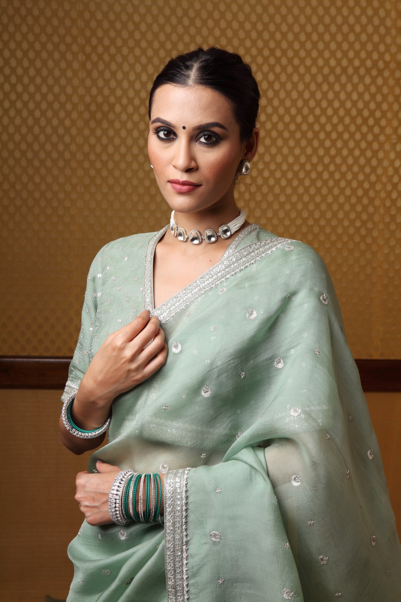Handembroidered Fern Green Pure Silkorganza Sareeblouse Set With Chand Buta