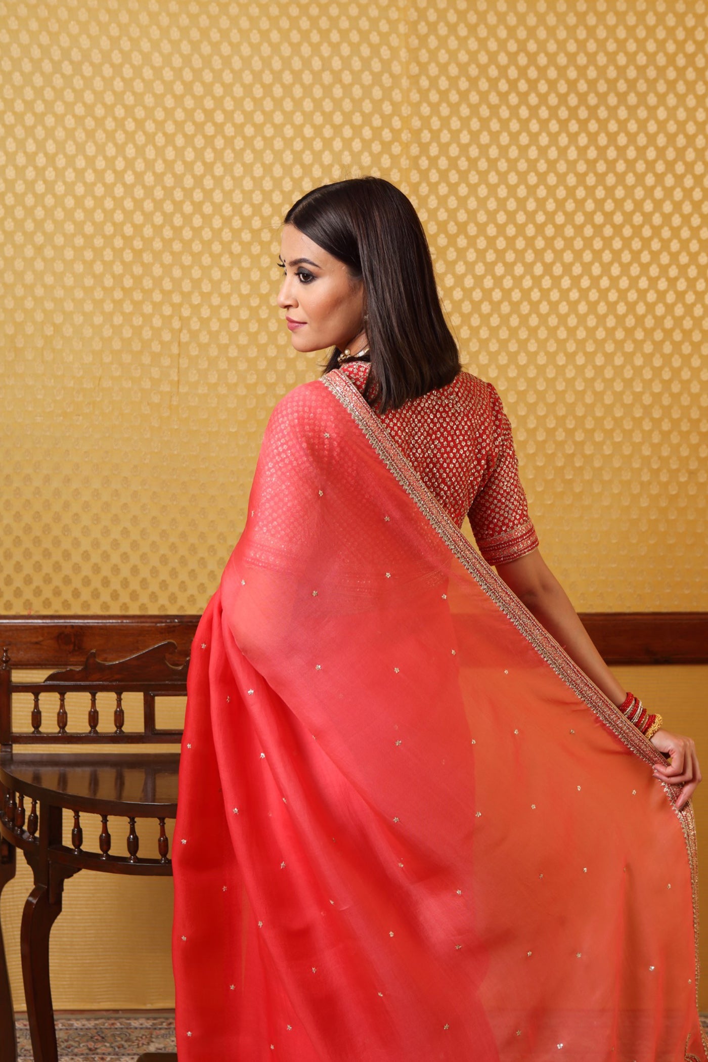 Handembroidered Ombre Cherry Tomato Pure Silkorganza Sareeblouse Set