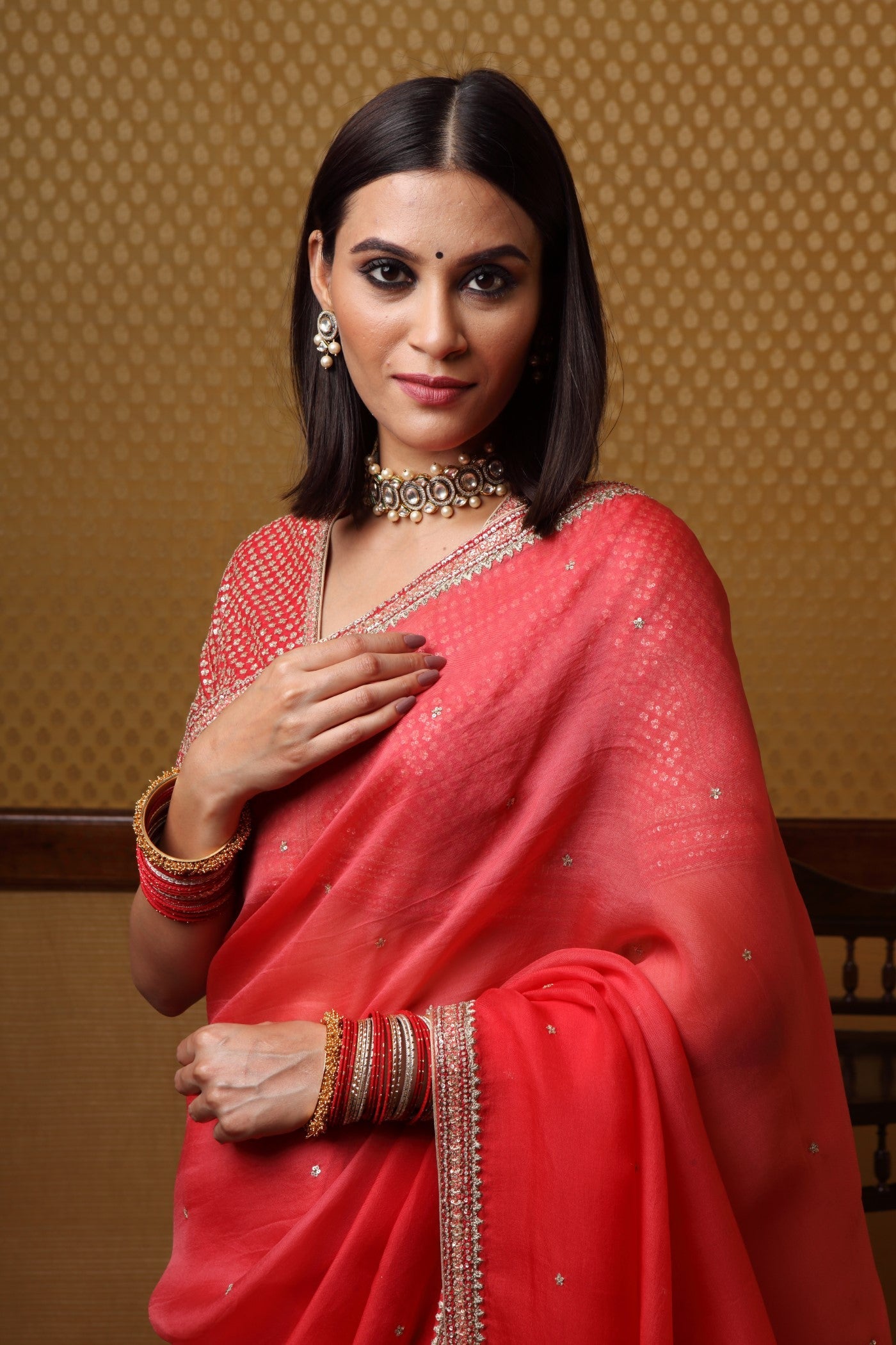 Handembroidered Ombre Cherry Tomato Pure Silkorganza Sareeblouse Set
