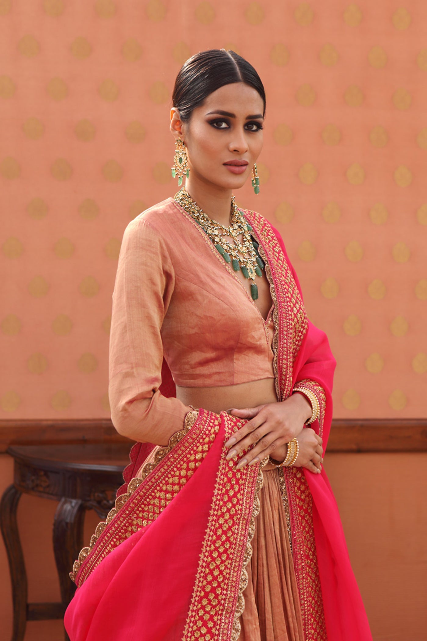 Hand-Embroidered Pure Metallic-Silk Pink Lehenga-Set