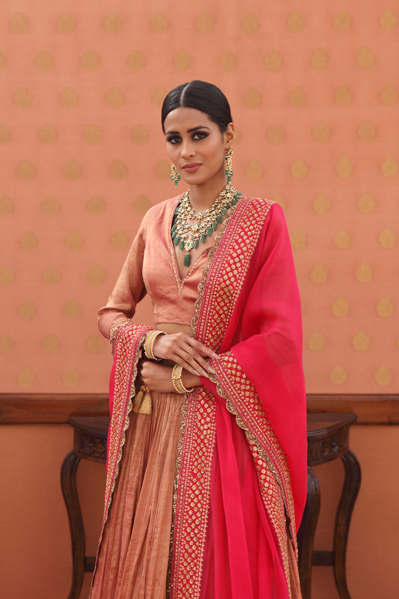 Hand-Embroidered Pure Metallic-Silk Pink Lehenga-Set