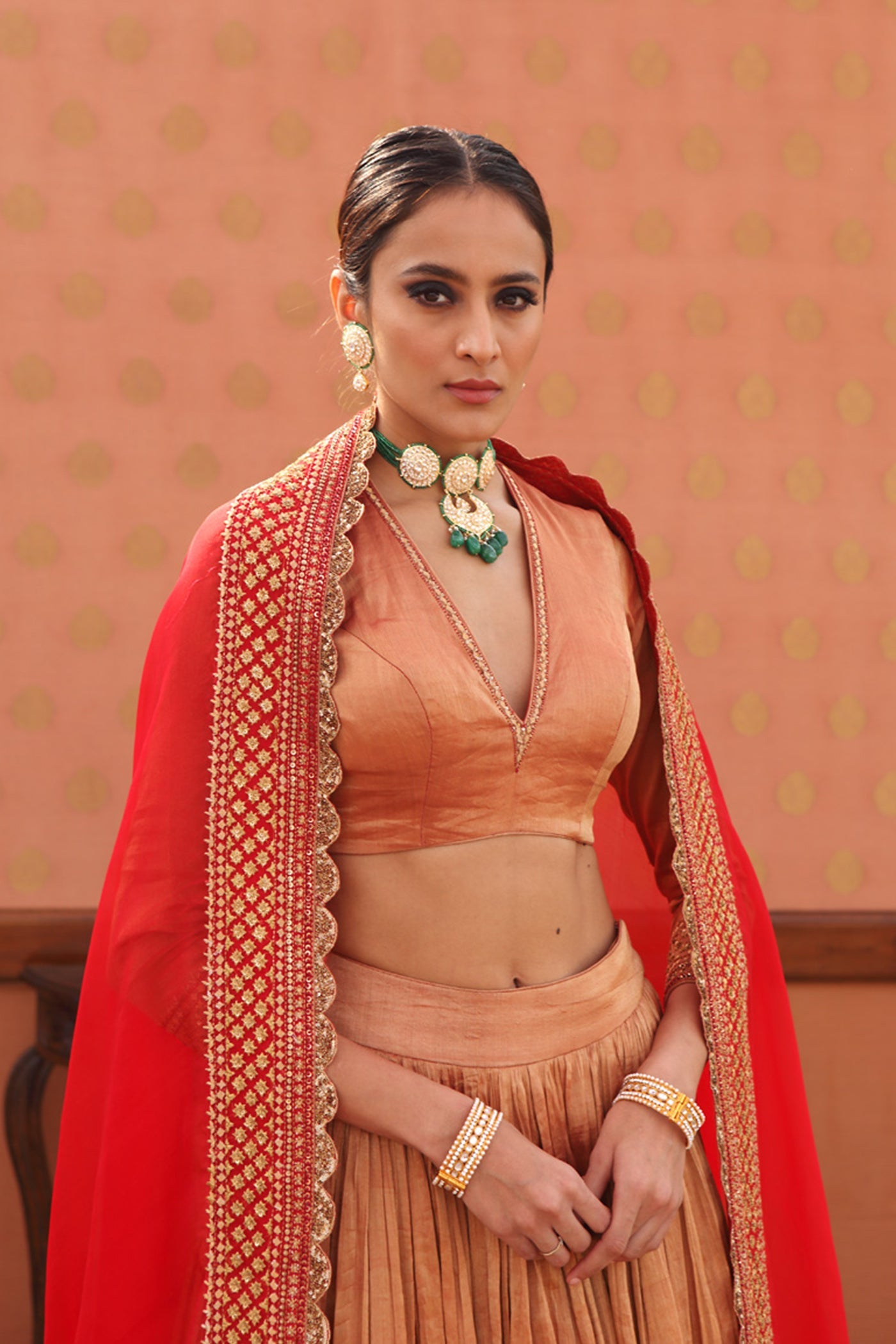 Hand-Embroidered Pure Metallic-Silk Red Lehenga-Set