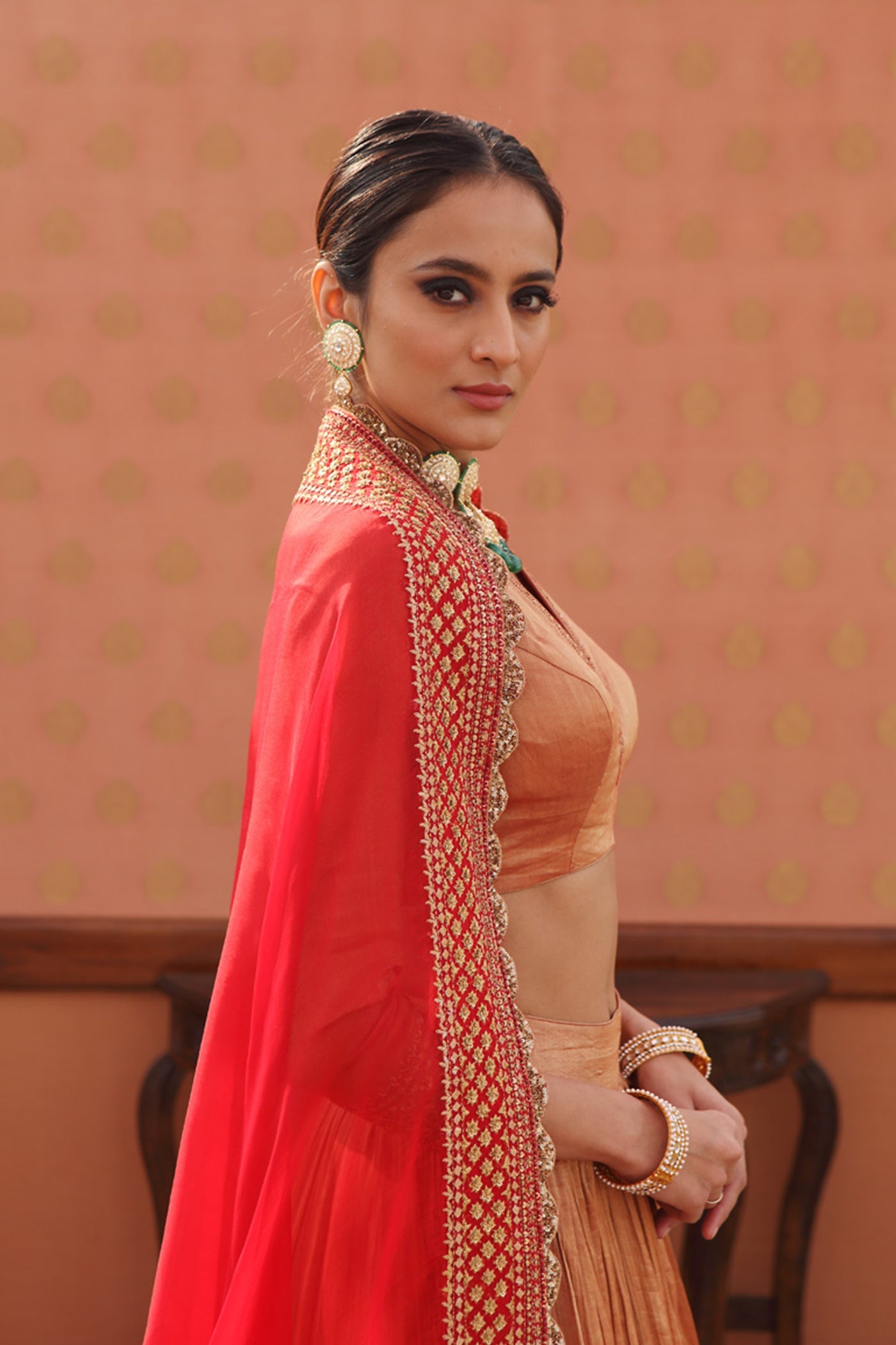 Hand-Embroidered Pure Metallic-Silk Red Lehenga-Set