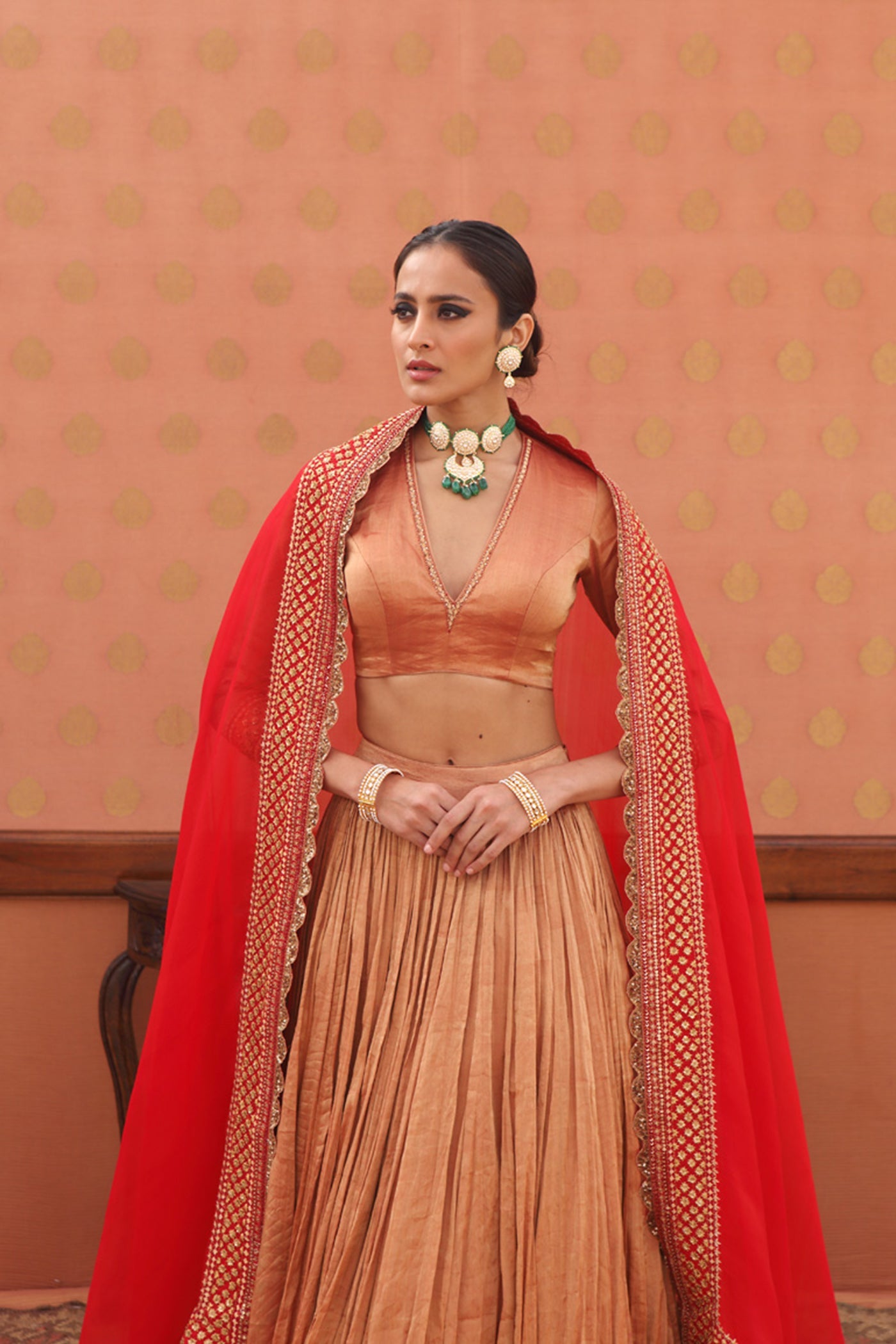 Hand-Embroidered Pure Metallic-Silk Red Lehenga-Set