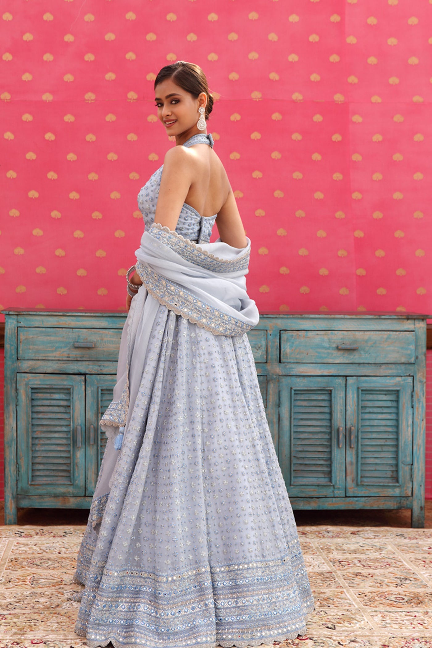 Hand-Embroidered Pure Silk-Organza Dream-Blue Lehenga-Set