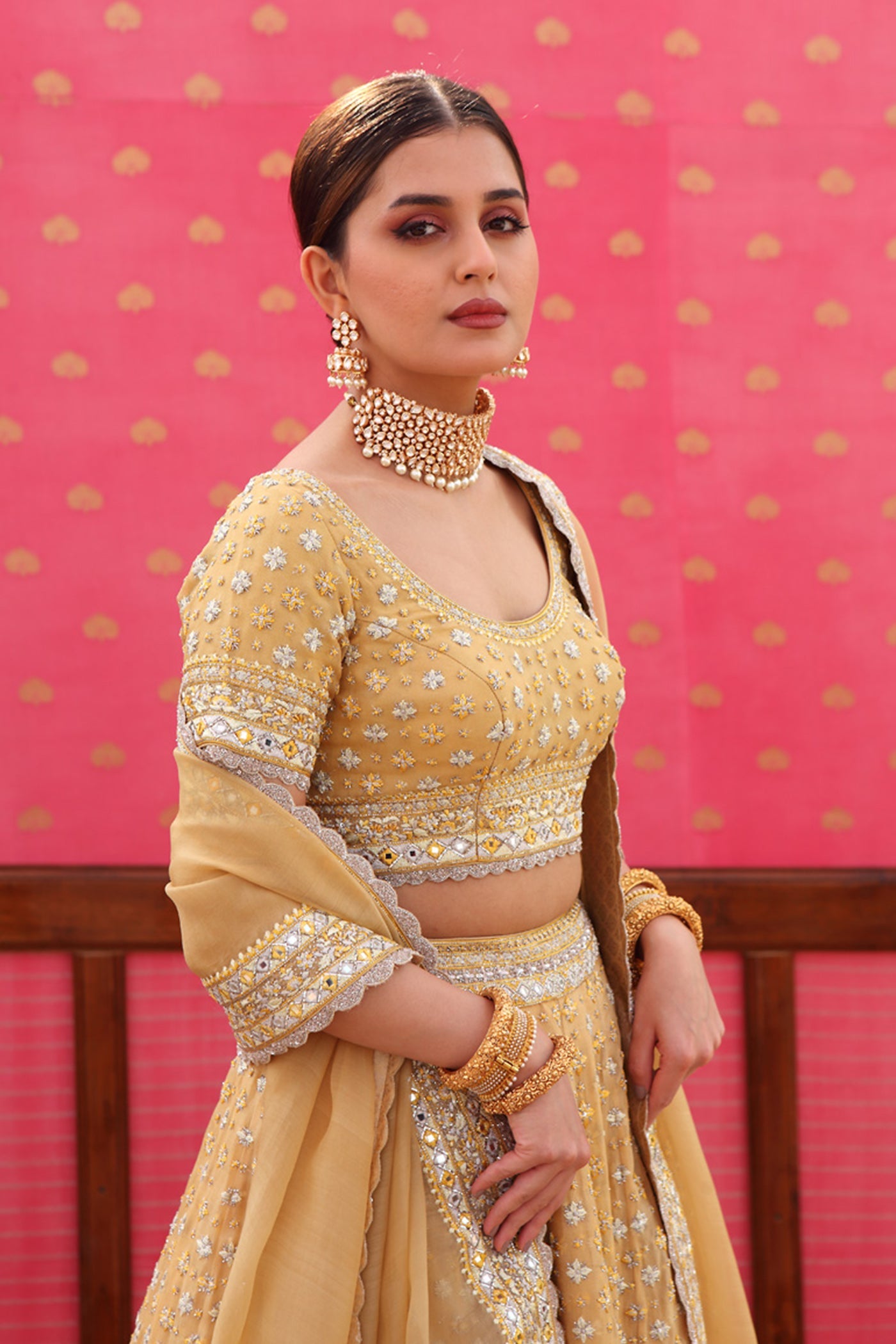 Hand-Embroidered Pure Silk-Organza Dusty-Yellow Lehenga-Set
