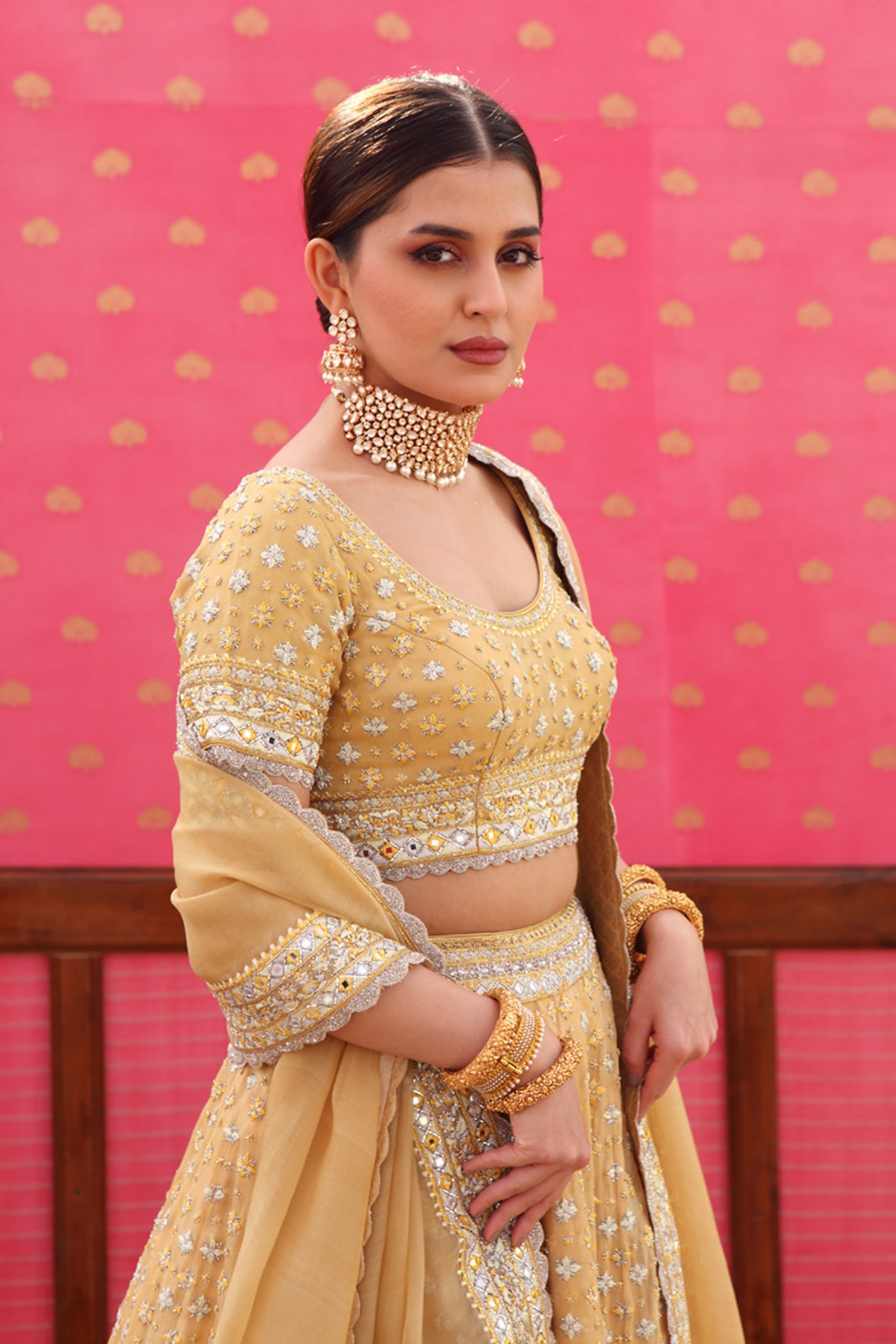 Hand-Embroidered Pure Silk-Organza Dusty-Yellow Lehenga-Set