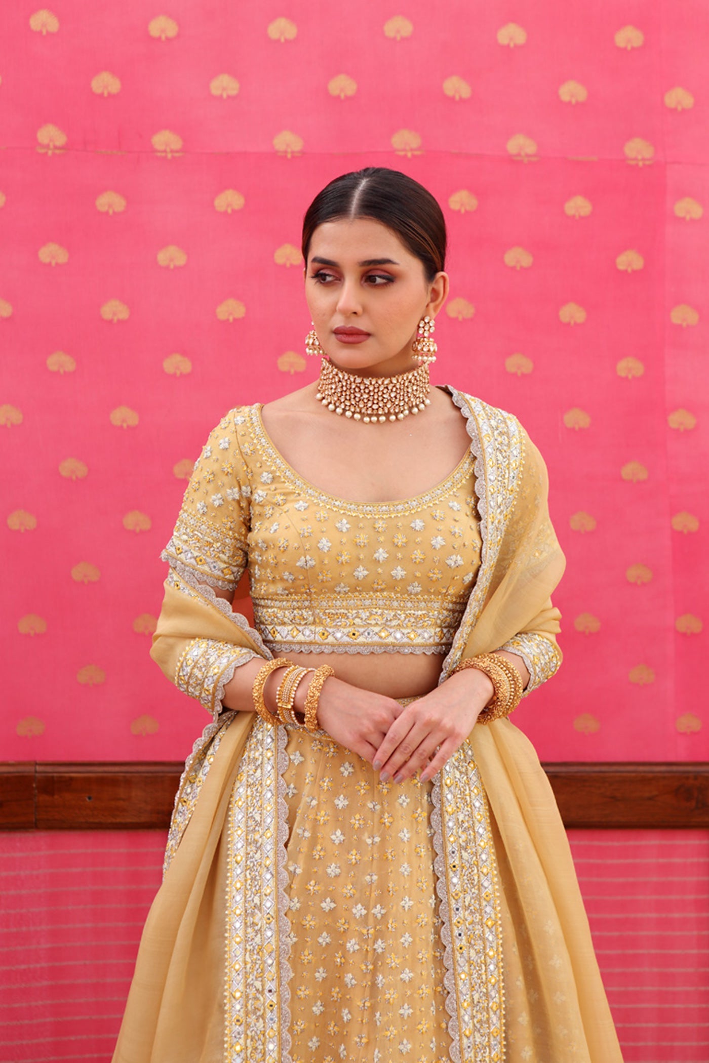 Hand-Embroidered Pure Silk-Organza Dusty-Yellow Lehenga-Set