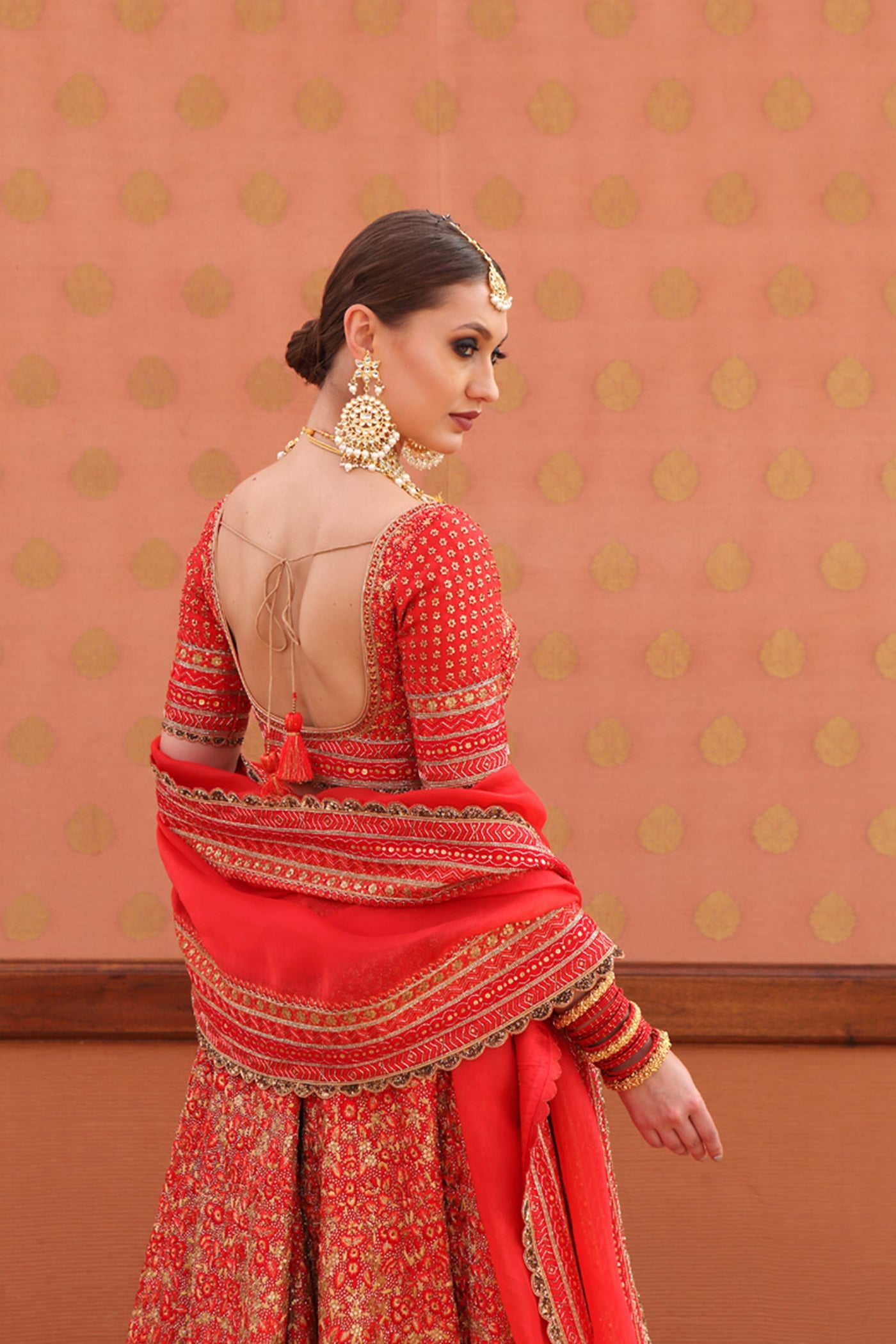 Hand-Embroidered Pure Silk-Organza Orange-Red Lehenga-Set